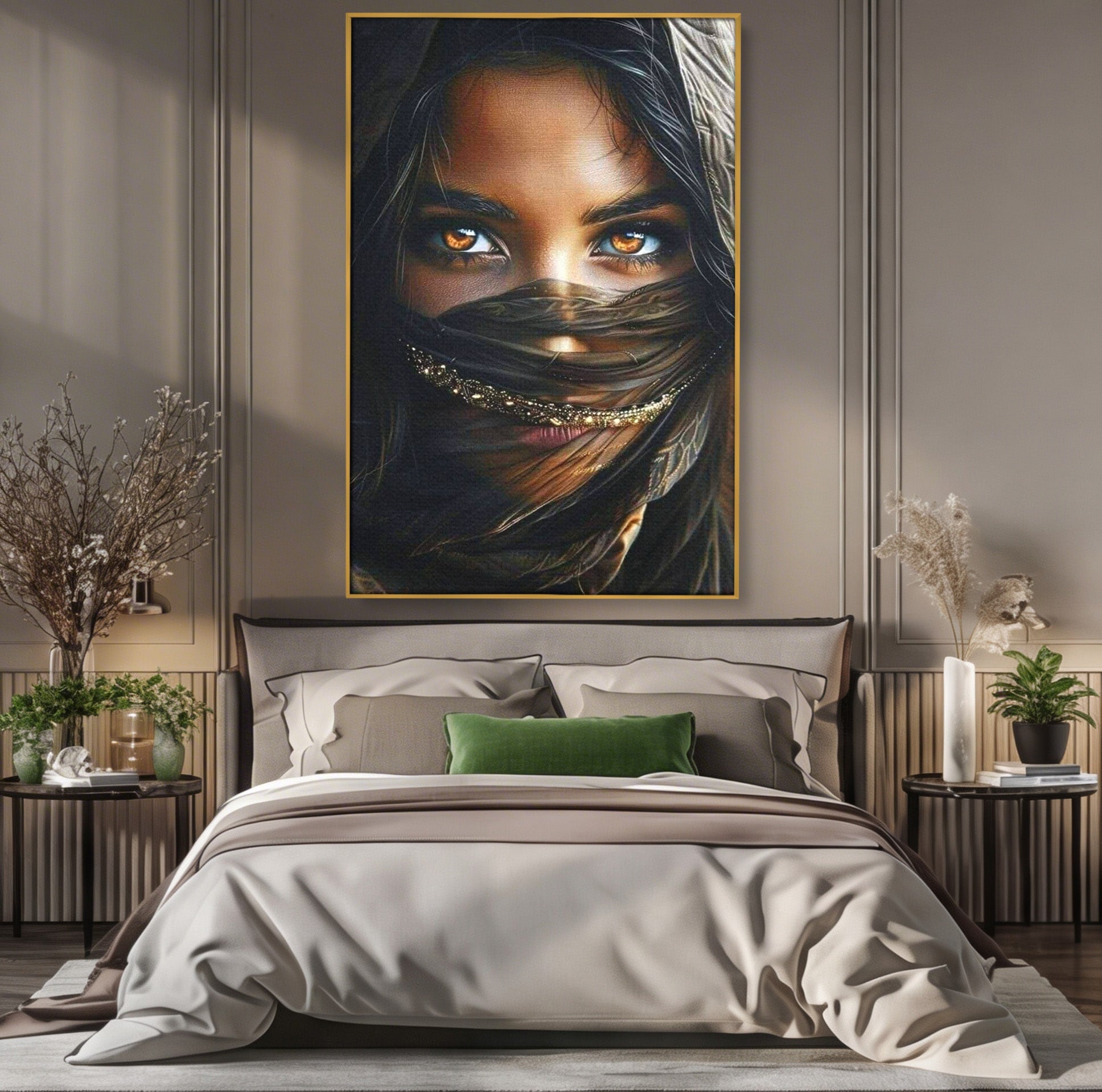 Tablou Canvas Premium LuxCanva® PI1319, Ochii Care Povestesc, Portret, Femeie, Mister, Privire, Culori Vibrante, Living, Dormitor
