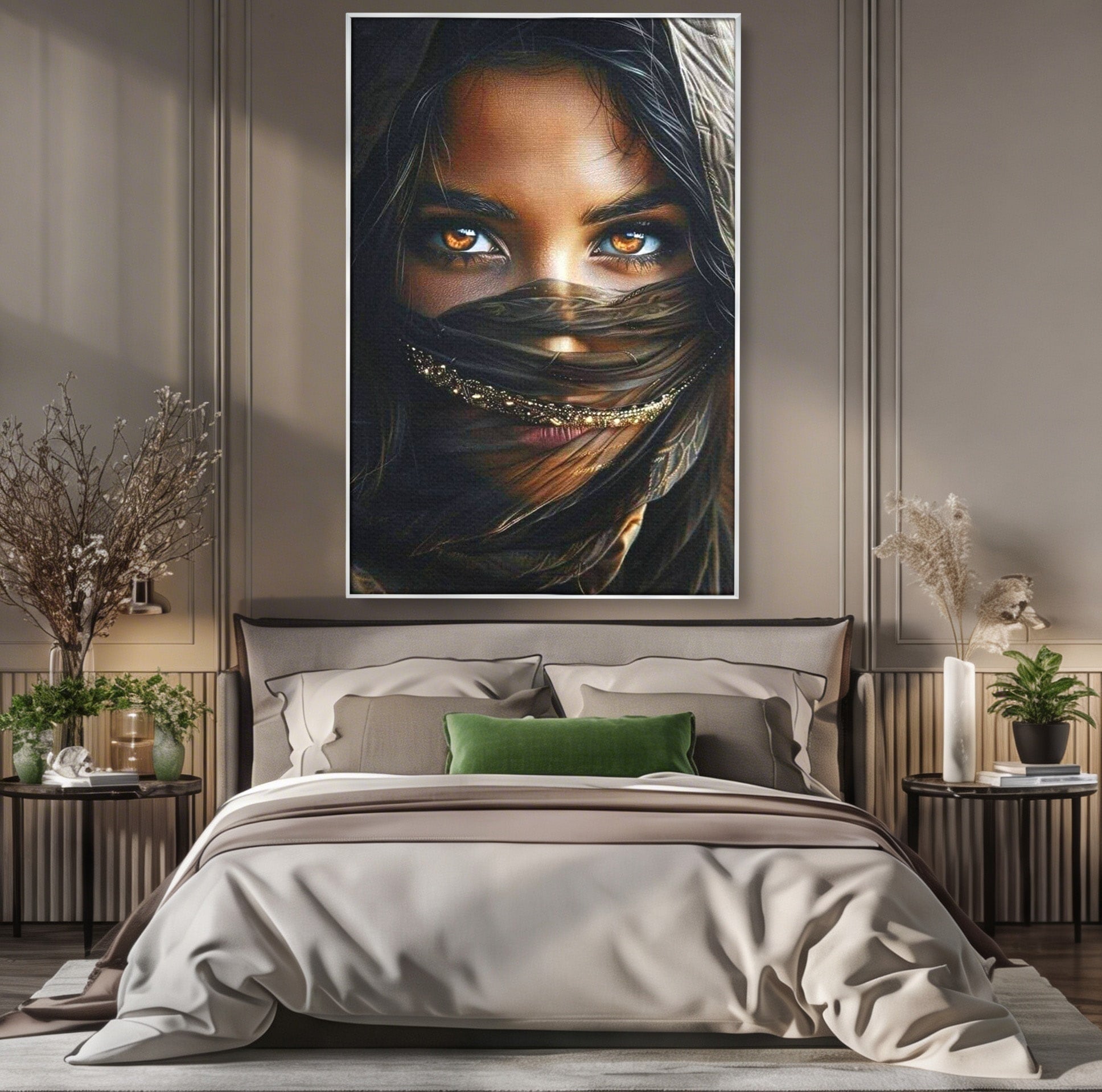 Tablou Canvas Premium LuxCanva® PI1319, Ochii Care Povestesc, Portret, Femeie, Mister, Privire, Culori Vibrante, Living, Dormitor