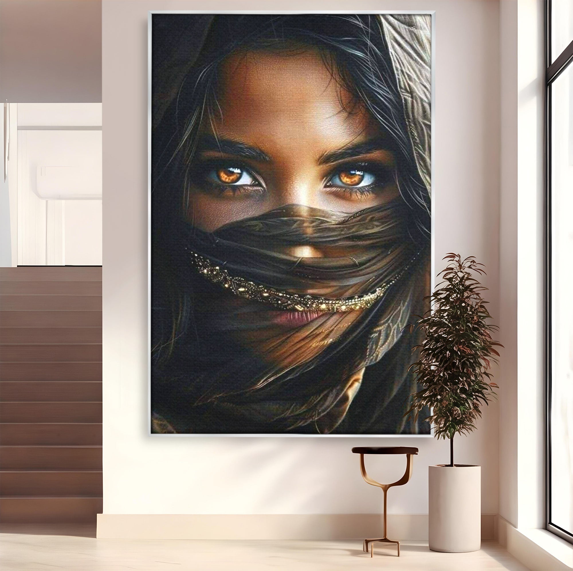 Tablou Canvas Premium LuxCanva® PI1319, Ochii Care Povestesc, Portret, Femeie, Mister, Privire, Culori Vibrante, Living, Dormitor