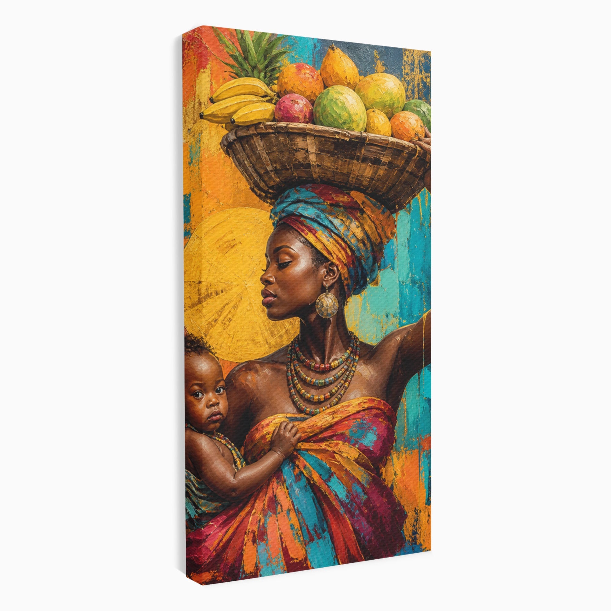 Tablou Canvas Premium LuxCanva® PI1322, Mama Cu Fructe, Cos, Bijuterii, Copil, Traditie, Culori Vibrante, Living, Dormitor