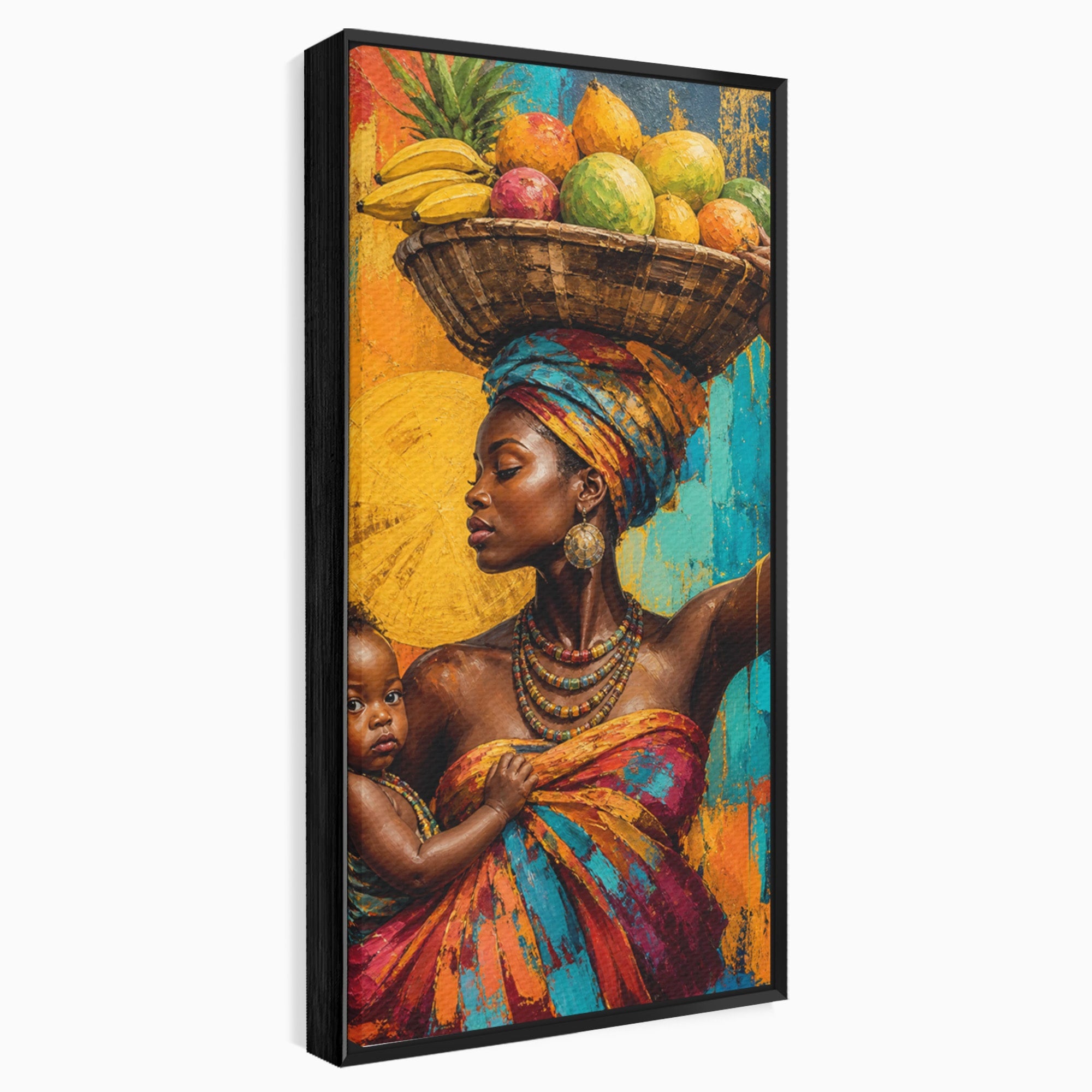 Tablou Canvas Premium LuxCanva® PI1322, Mama Cu Fructe, Cos, Bijuterii, Copil, Traditie, Culori Vibrante, Living, Dormitor