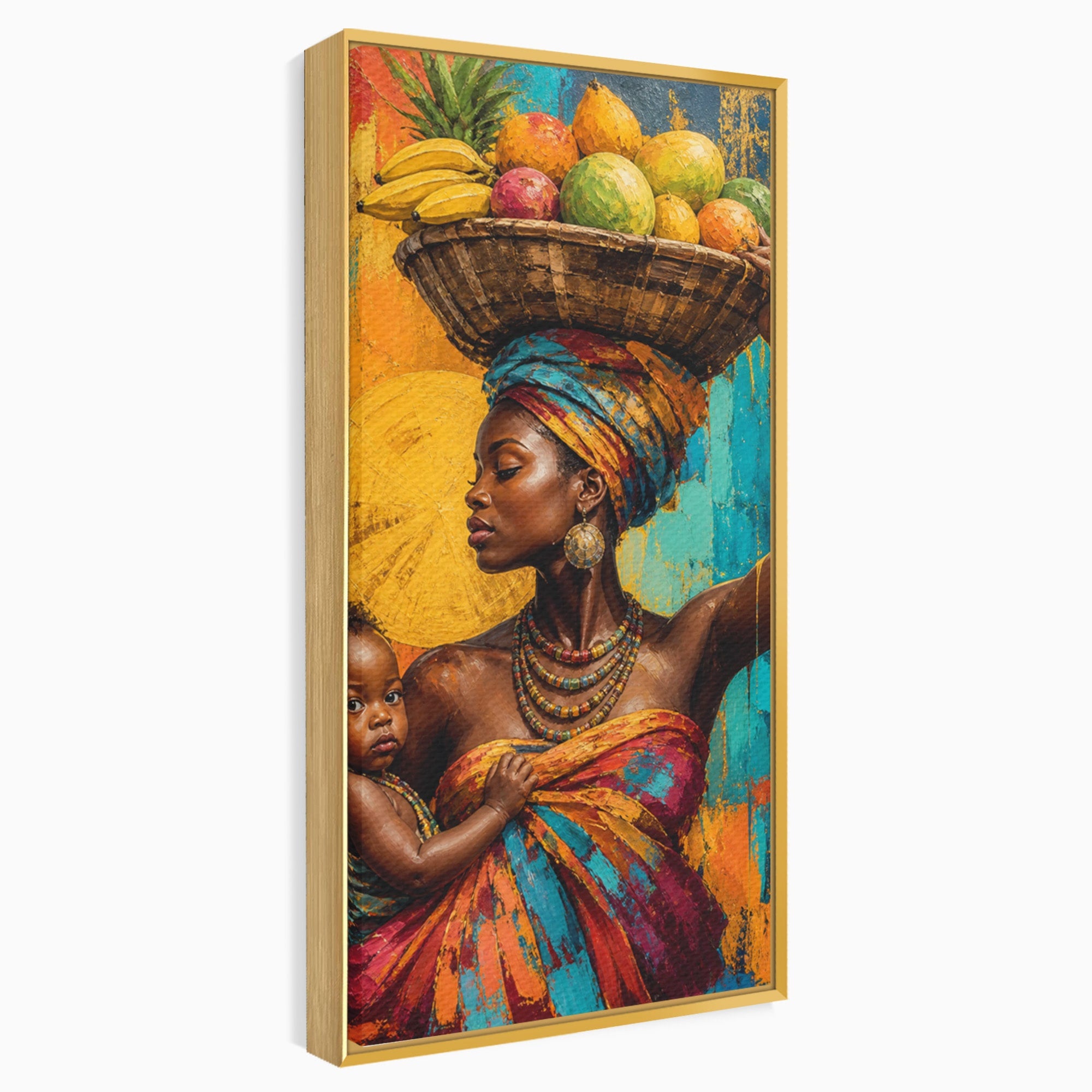 Tablou Canvas Premium LuxCanva® PI1322, Mama Cu Fructe, Cos, Bijuterii, Copil, Traditie, Culori Vibrante, Living, Dormitor