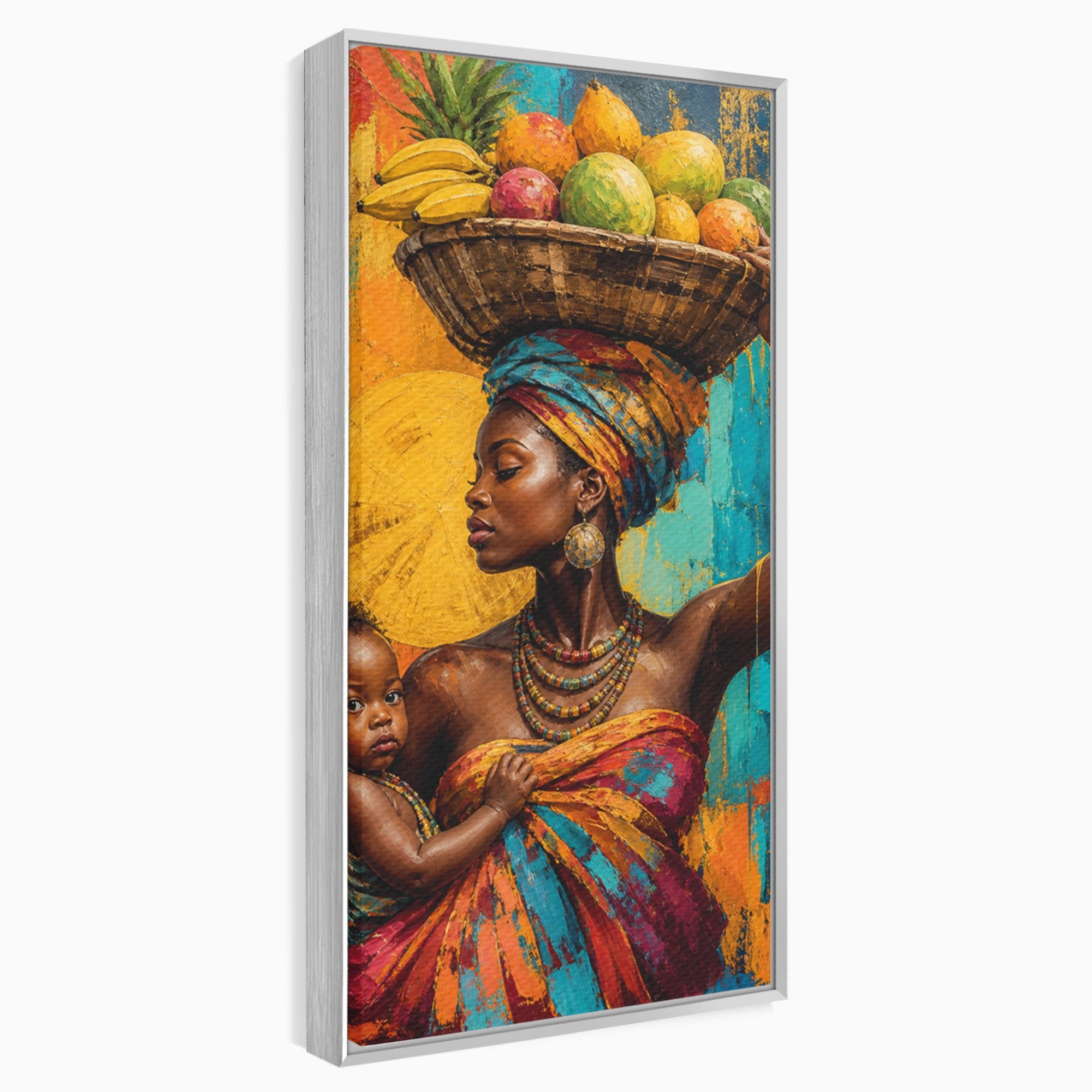 Tablou Canvas Premium LuxCanva® PI1322, Mama Cu Fructe, Cos, Bijuterii, Copil, Traditie, Culori Vibrante, Living, Dormitor