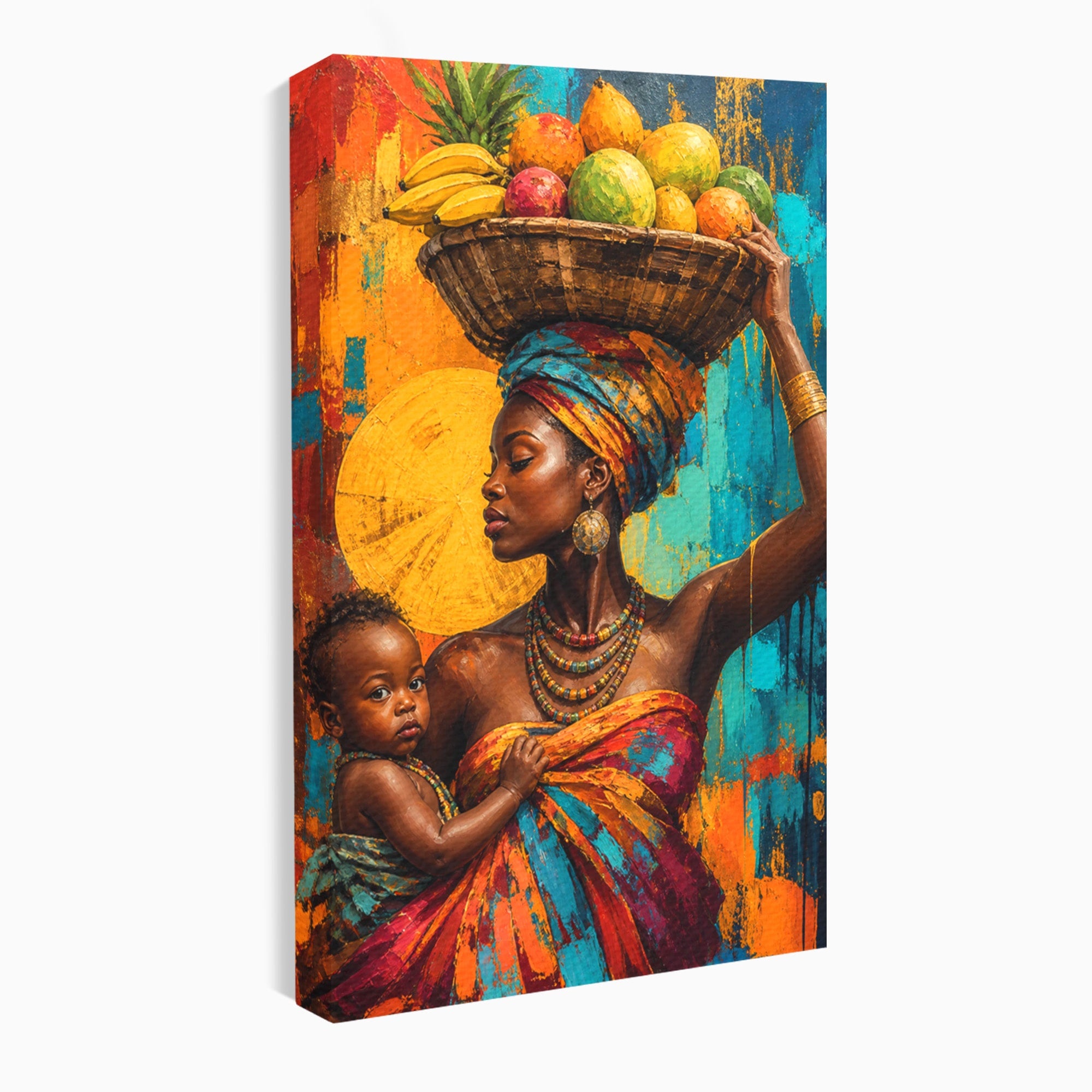 Tablou Canvas Premium LuxCanva® PI1322, Mama Cu Fructe, Cos, Bijuterii, Copil, Traditie, Culori Vibrante, Living, Dormitor