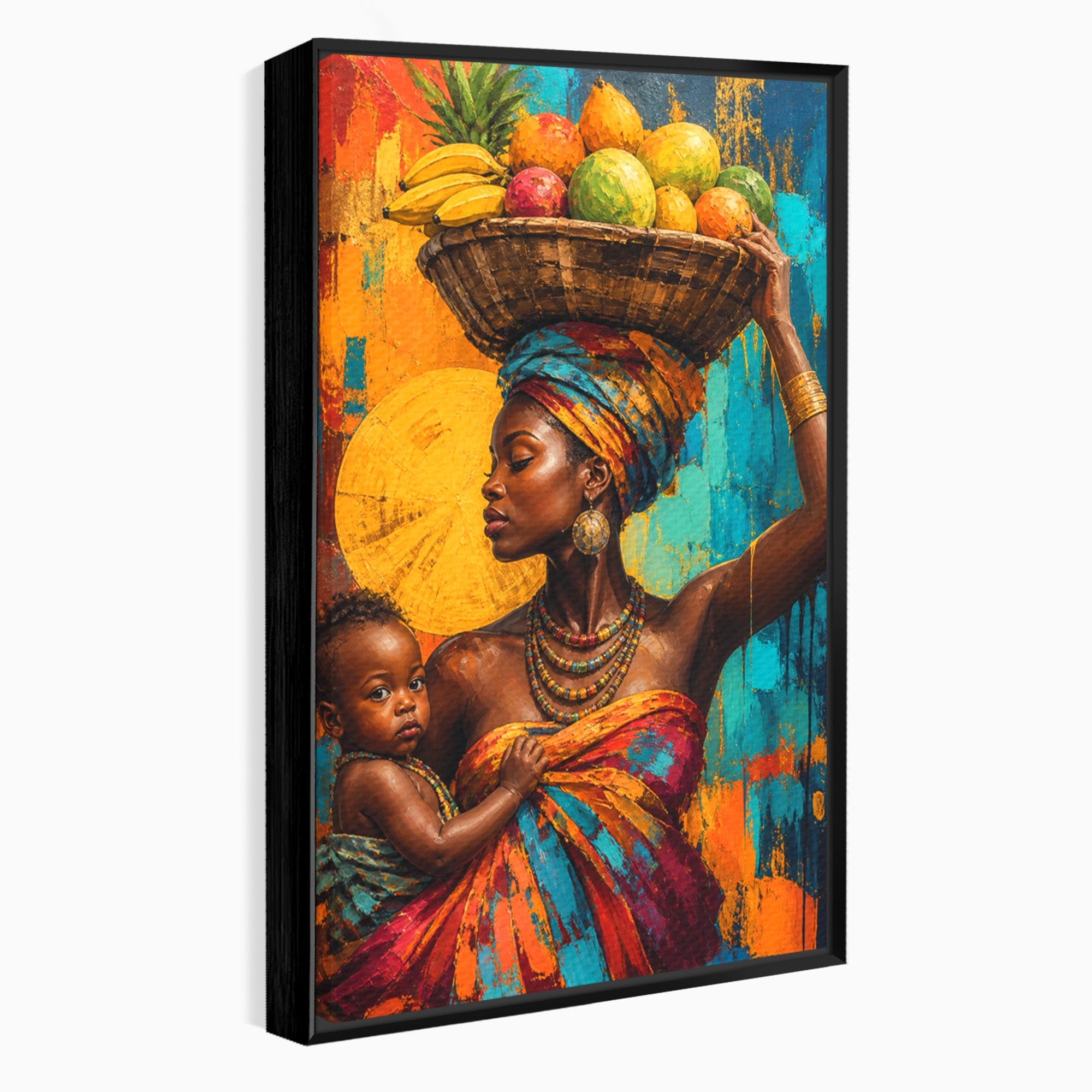 Tablou Canvas Premium LuxCanva® PI1322, Mama Cu Fructe, Cos, Bijuterii, Copil, Traditie, Culori Vibrante, Living, Dormitor