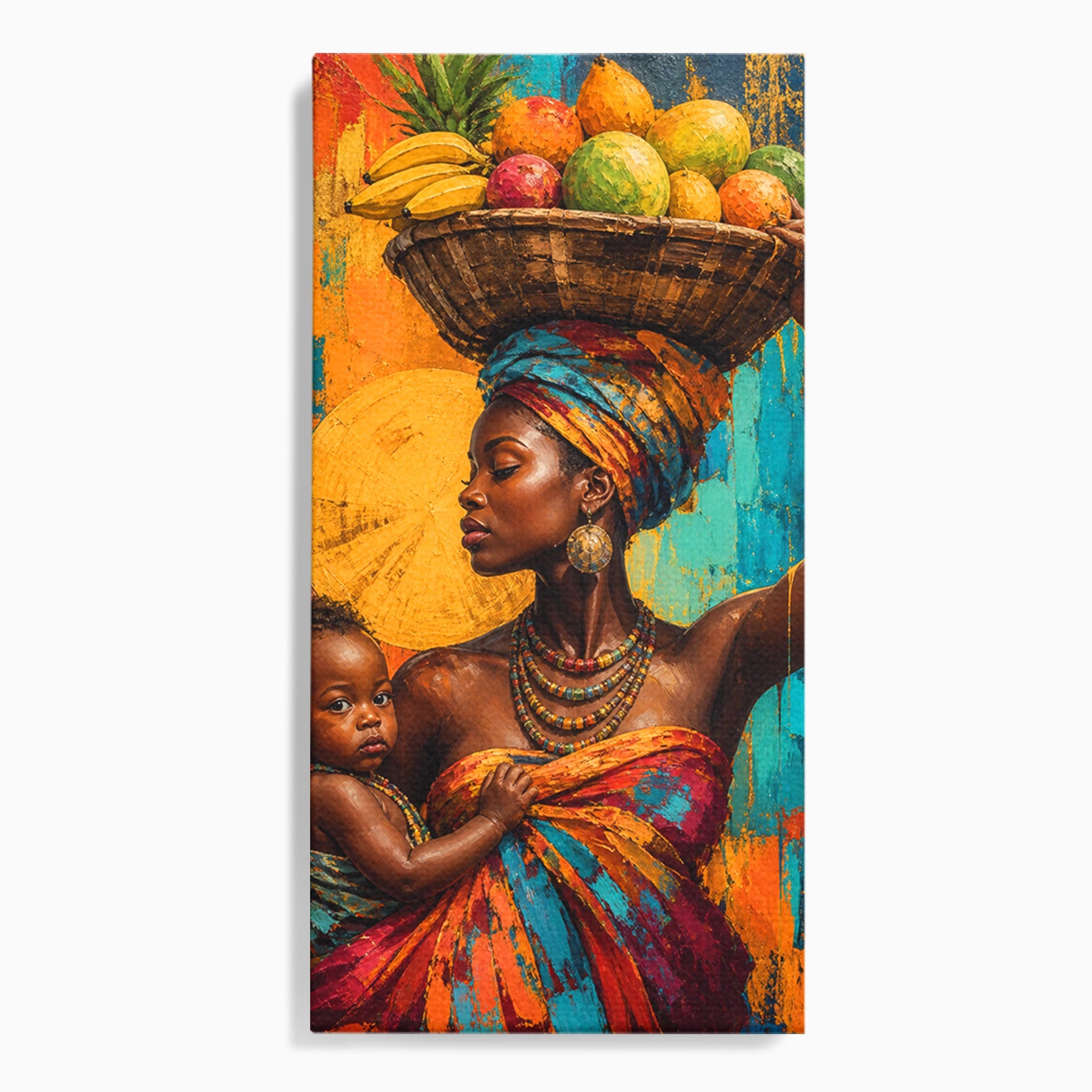 Tablou Canvas Premium LuxCanva® PI1322, Mama Cu Fructe, Cos, Bijuterii, Copil, Traditie, Culori Vibrante, Living, Dormitor