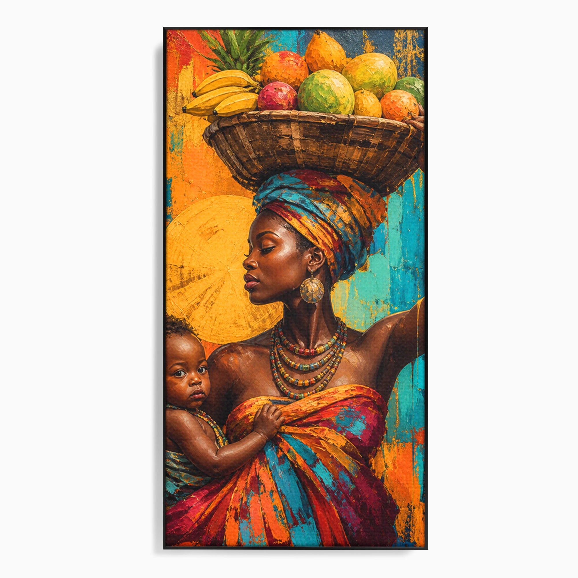 Tablou Canvas Premium LuxCanva® PI1322, Mama Cu Fructe, Cos, Bijuterii, Copil, Traditie, Culori Vibrante, Living, Dormitor