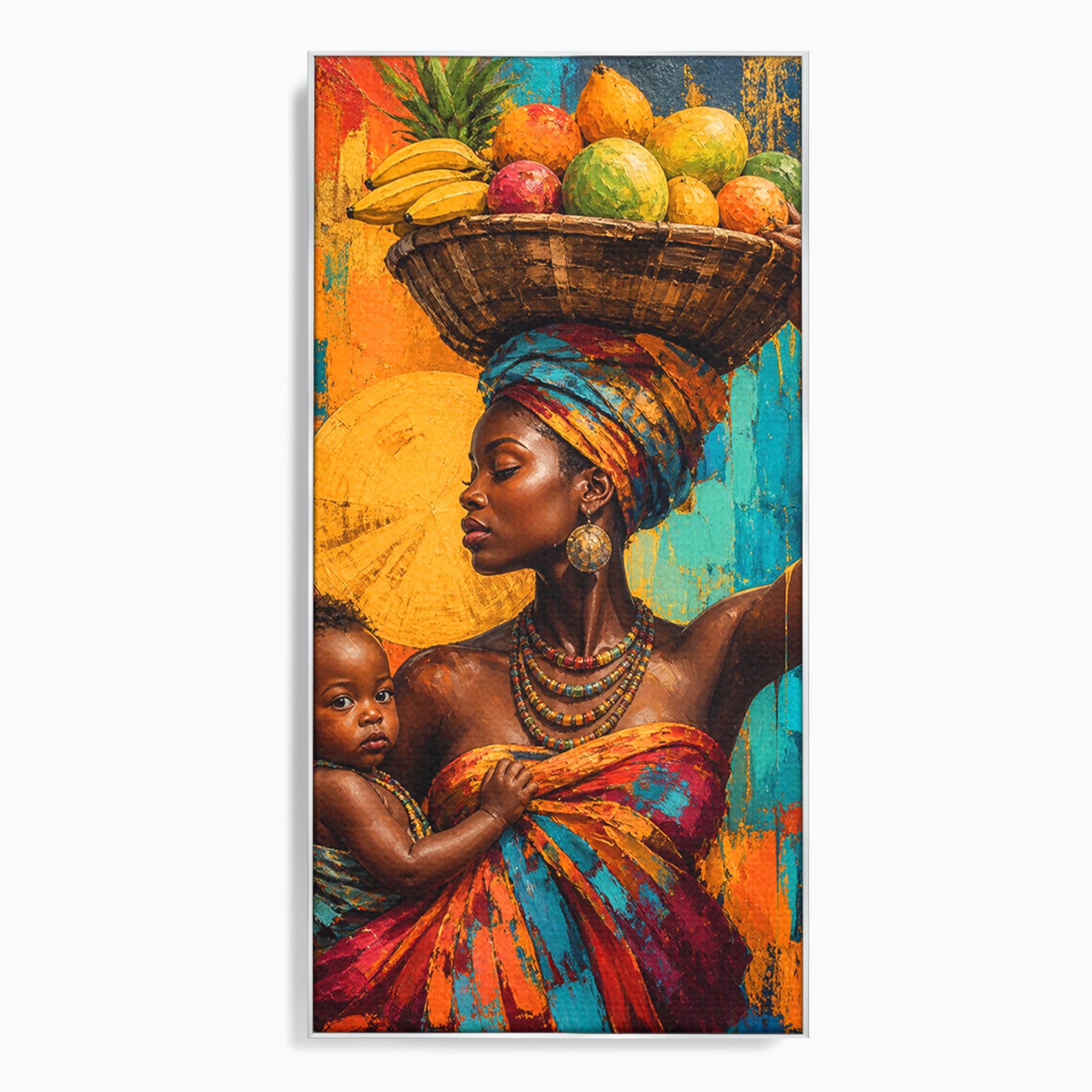 Tablou Canvas Premium LuxCanva® PI1322, Mama Cu Fructe, Cos, Bijuterii, Copil, Traditie, Culori Vibrante, Living, Dormitor
