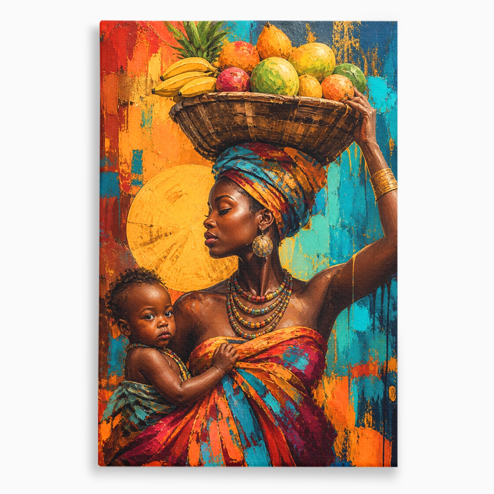 Tablou Canvas Premium LuxCanva® PI1322, Mama Cu Fructe, Cos, Bijuterii, Copil, Traditie, Culori Vibrante, Living, Dormitor