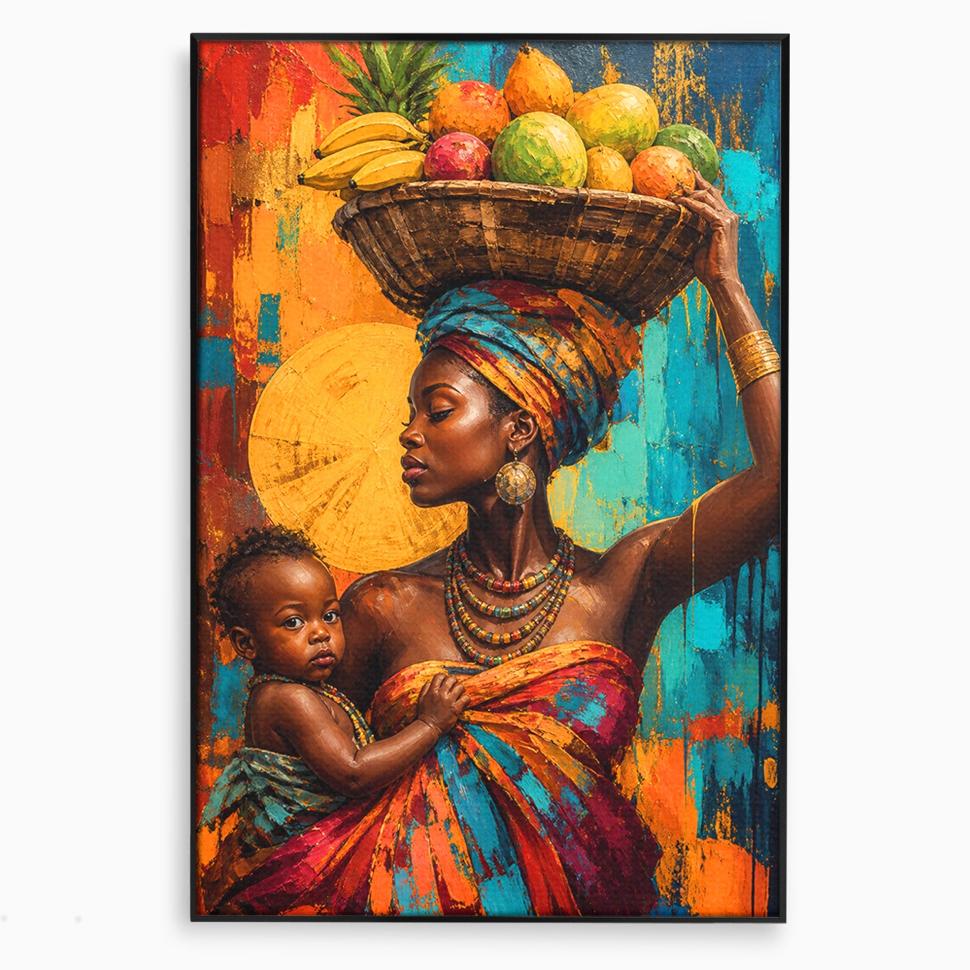 Tablou Canvas Premium LuxCanva® PI1322, Mama Cu Fructe, Cos, Bijuterii, Copil, Traditie, Culori Vibrante, Living, Dormitor