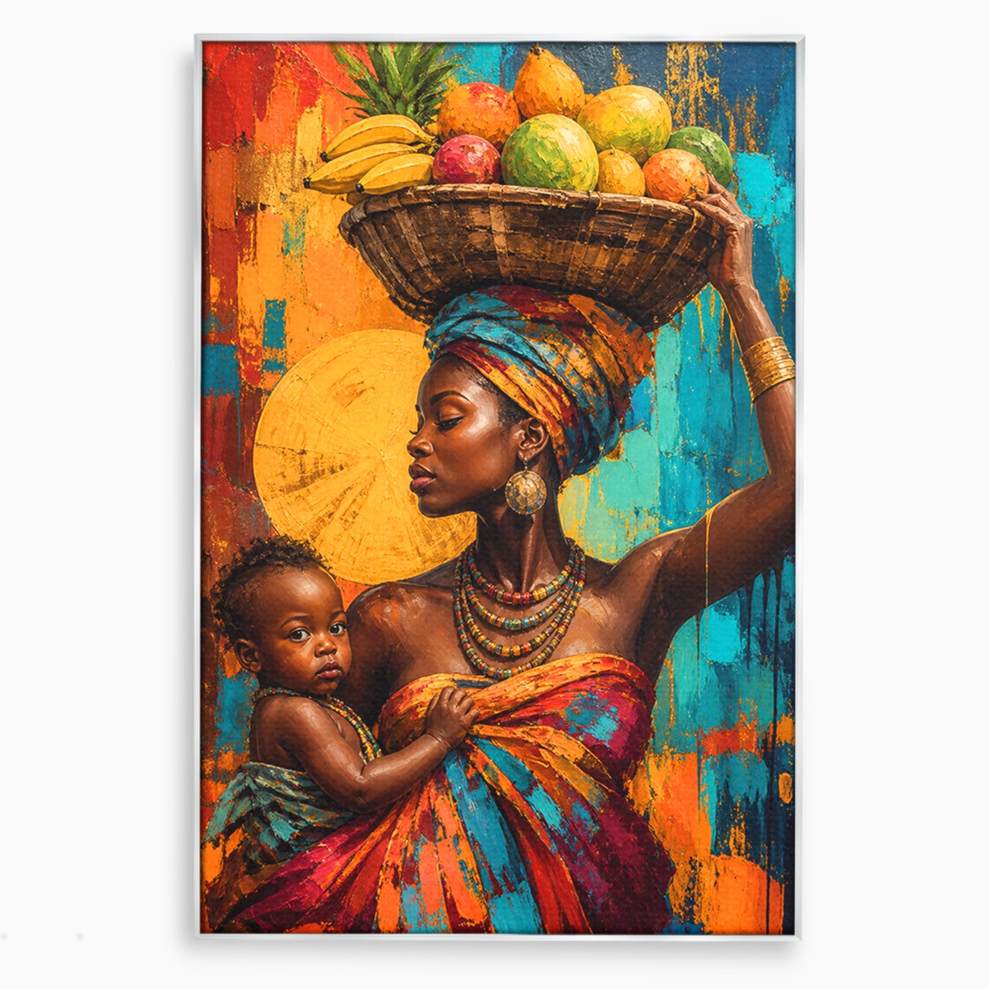Tablou Canvas Premium LuxCanva® PI1322, Mama Cu Fructe, Cos, Bijuterii, Copil, Traditie, Culori Vibrante, Living, Dormitor