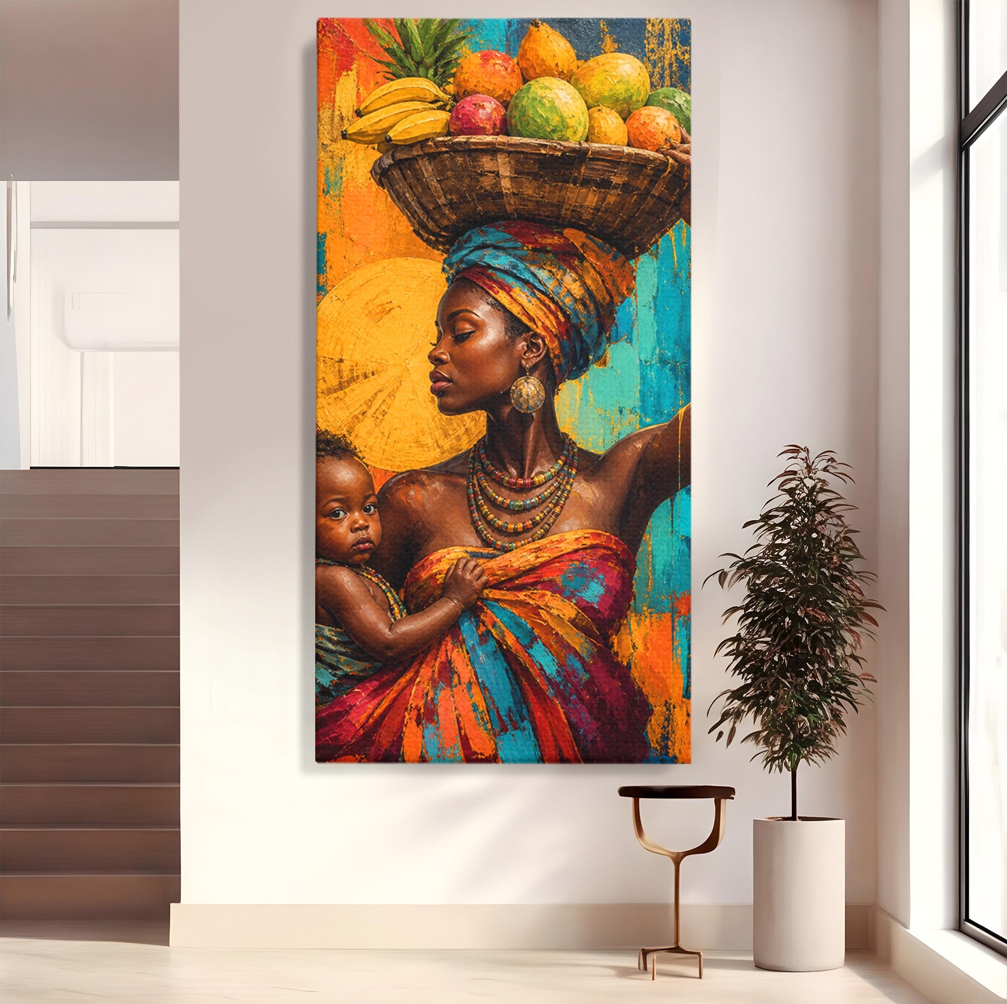 Tablou Canvas Premium LuxCanva® PI1322, Mama Cu Fructe, Cos, Bijuterii, Copil, Traditie, Culori Vibrante, Living, Dormitor