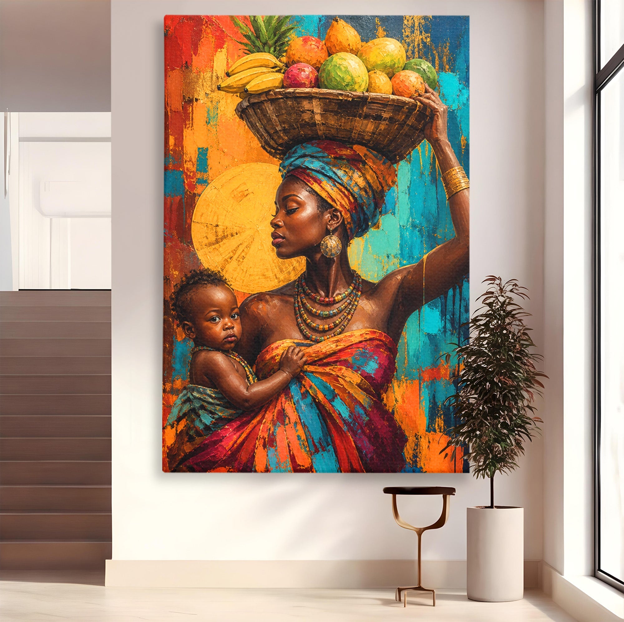 Tablou Canvas Premium LuxCanva® PI1322, Mama Cu Fructe, Cos, Bijuterii, Copil, Traditie, Culori Vibrante, Living, Dormitor