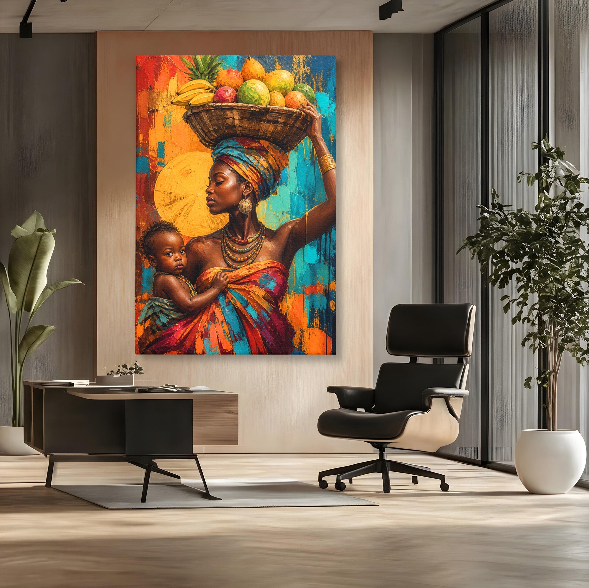 Tablou Canvas Premium LuxCanva® PI1322, Mama Cu Fructe, Cos, Bijuterii, Copil, Traditie, Culori Vibrante, Living, Dormitor
