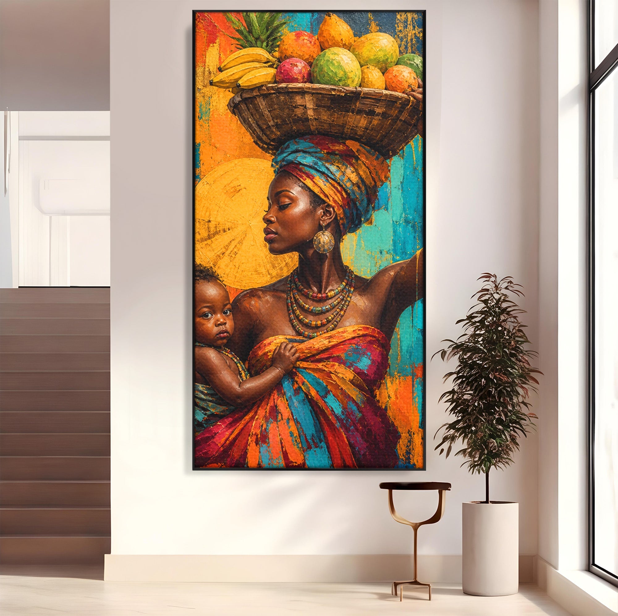 Tablou Canvas Premium LuxCanva® PI1322, Mama Cu Fructe, Cos, Bijuterii, Copil, Traditie, Culori Vibrante, Living, Dormitor