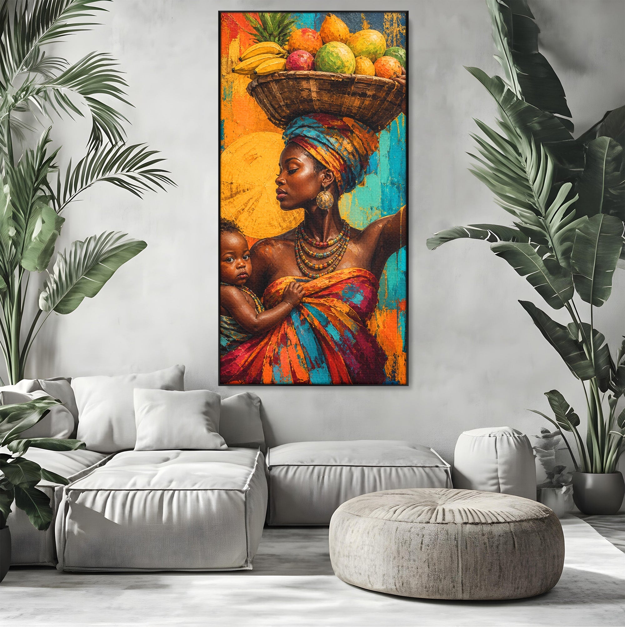 Tablou Canvas Premium LuxCanva® PI1322, Mama Cu Fructe, Cos, Bijuterii, Copil, Traditie, Culori Vibrante, Living, Dormitor
