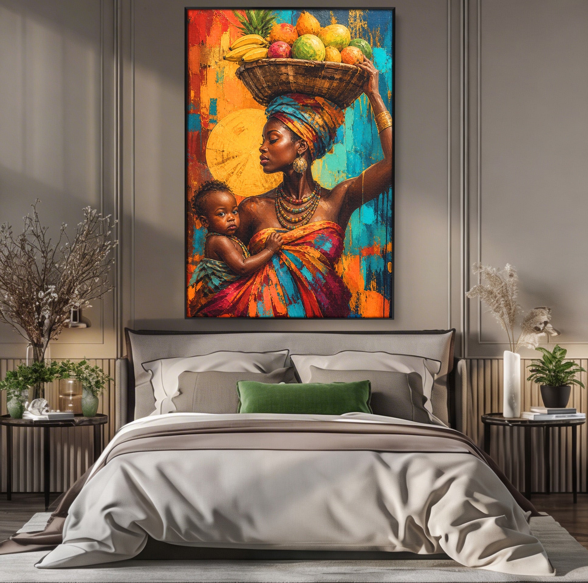 Tablou Canvas Premium LuxCanva® PI1322, Mama Cu Fructe, Cos, Bijuterii, Copil, Traditie, Culori Vibrante, Living, Dormitor