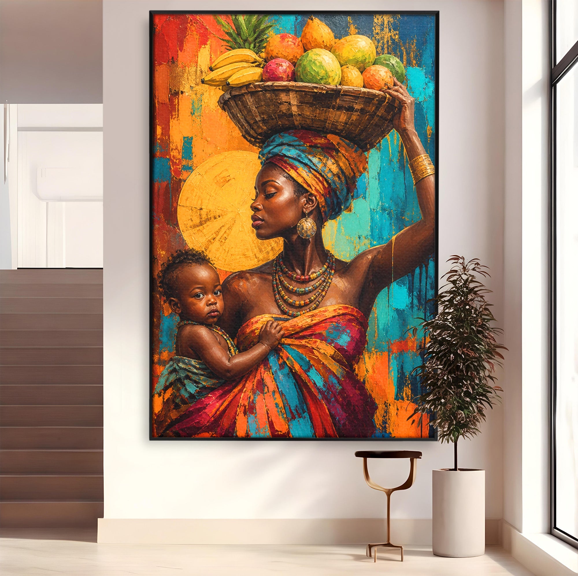 Tablou Canvas Premium LuxCanva® PI1322, Mama Cu Fructe, Cos, Bijuterii, Copil, Traditie, Culori Vibrante, Living, Dormitor
