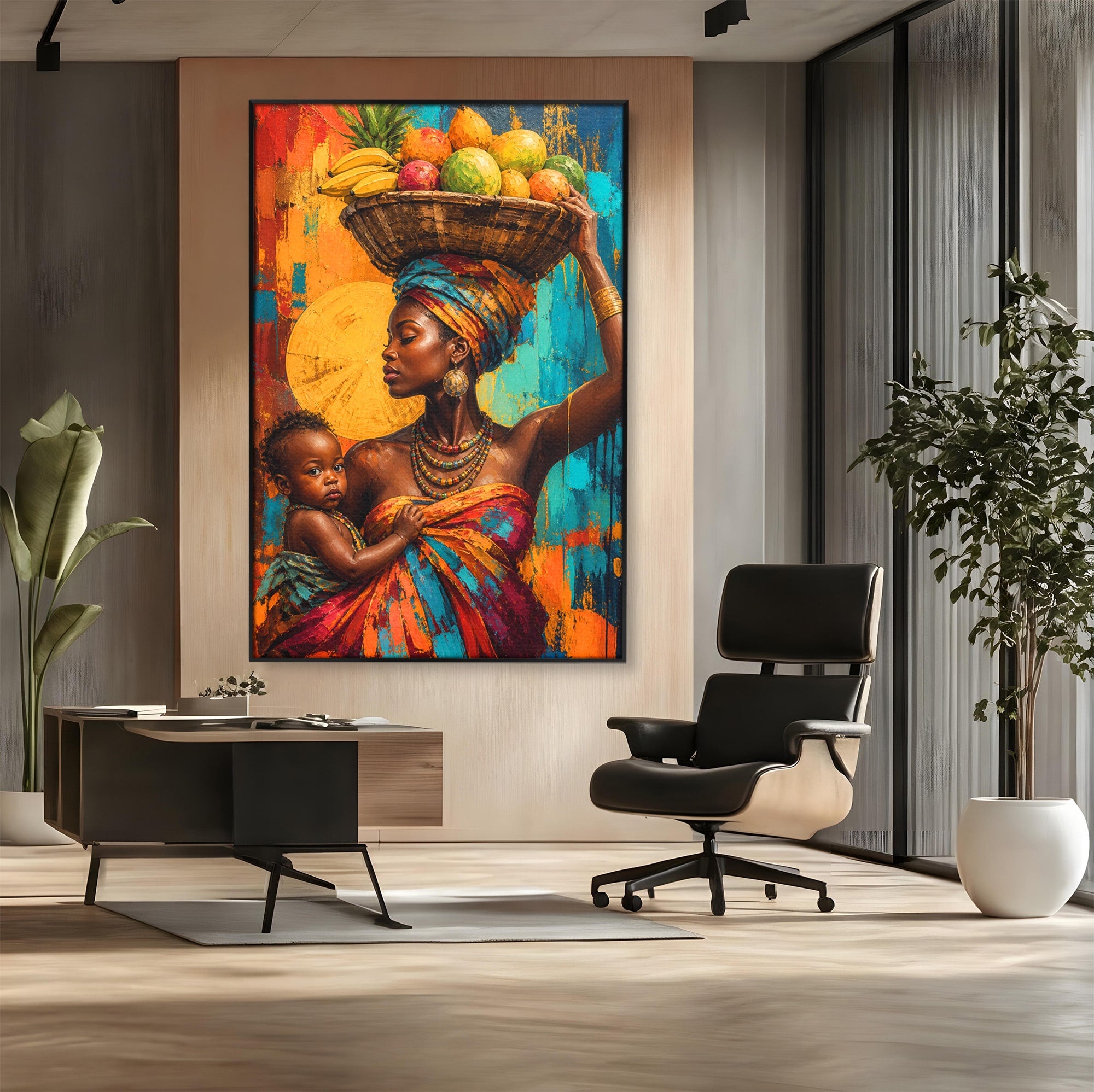 Tablou Canvas Premium LuxCanva® PI1322, Mama Cu Fructe, Cos, Bijuterii, Copil, Traditie, Culori Vibrante, Living, Dormitor