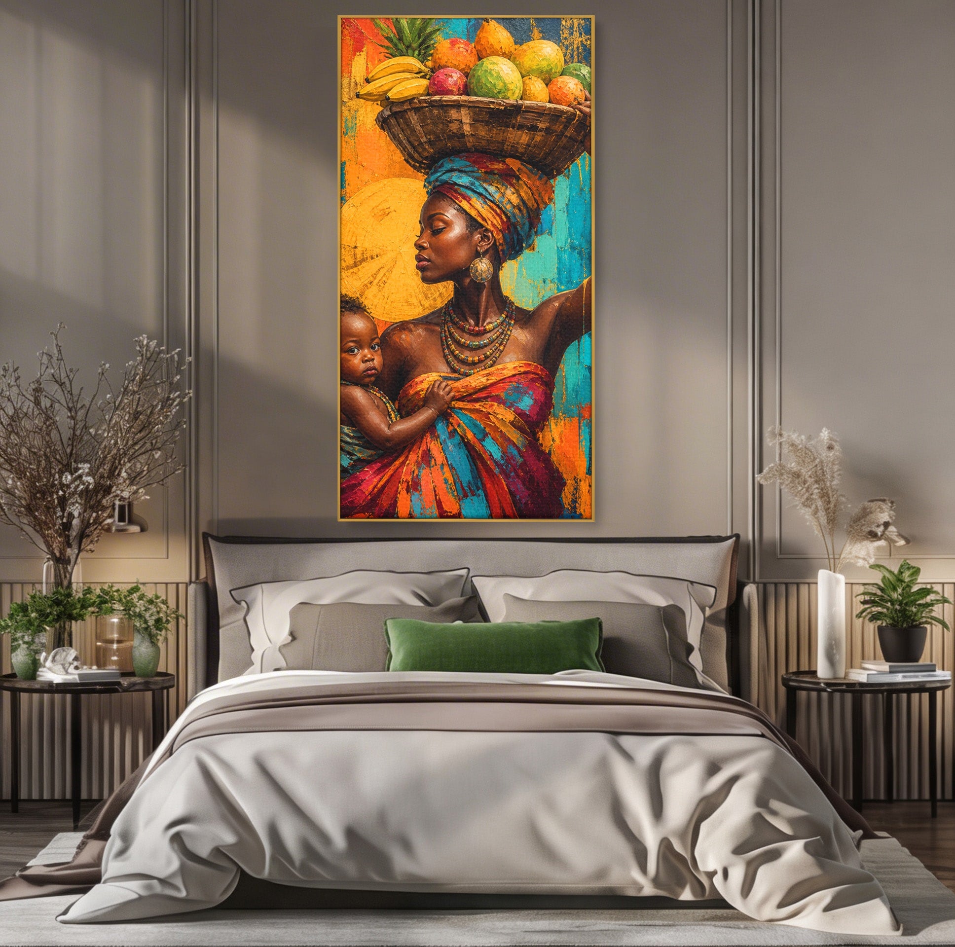 Tablou Canvas Premium LuxCanva® PI1322, Mama Cu Fructe, Cos, Bijuterii, Copil, Traditie, Culori Vibrante, Living, Dormitor