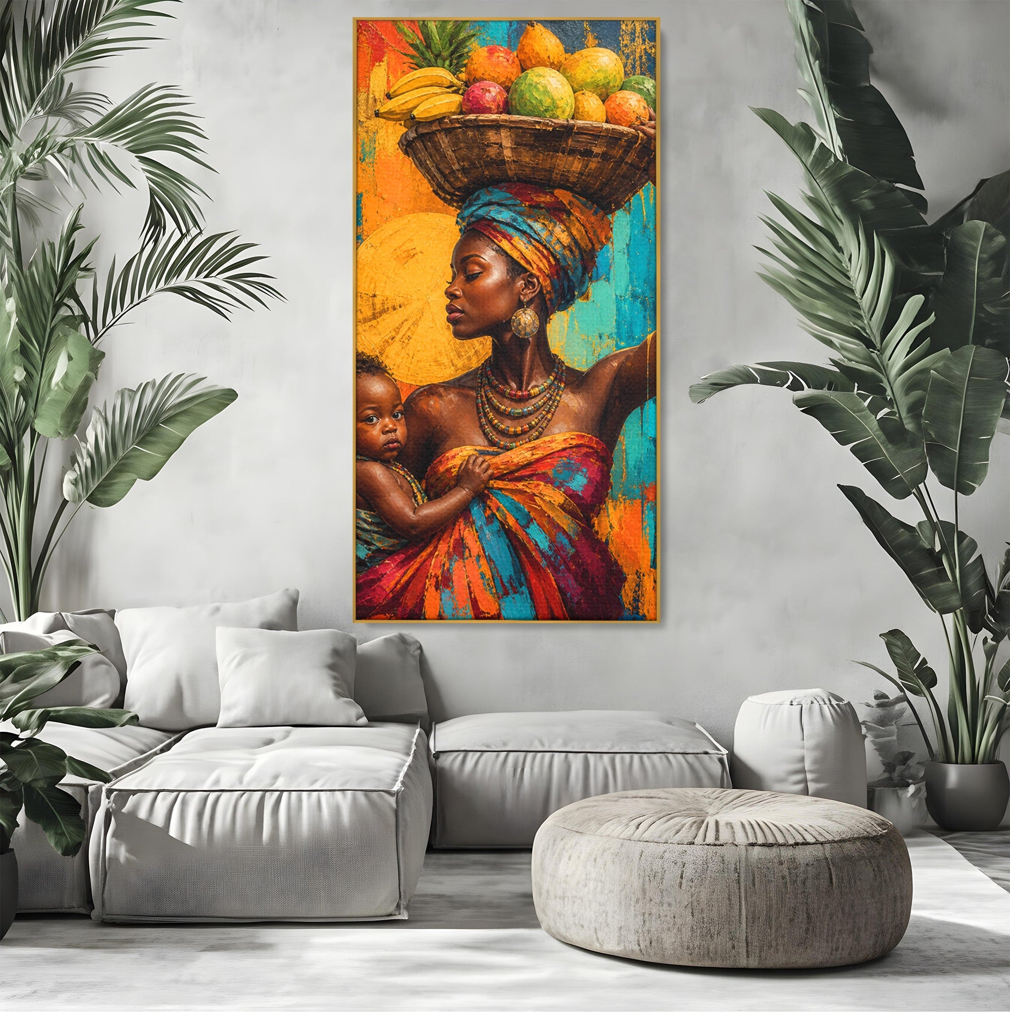 Tablou Canvas Premium LuxCanva® PI1322, Mama Cu Fructe, Cos, Bijuterii, Copil, Traditie, Culori Vibrante, Living, Dormitor