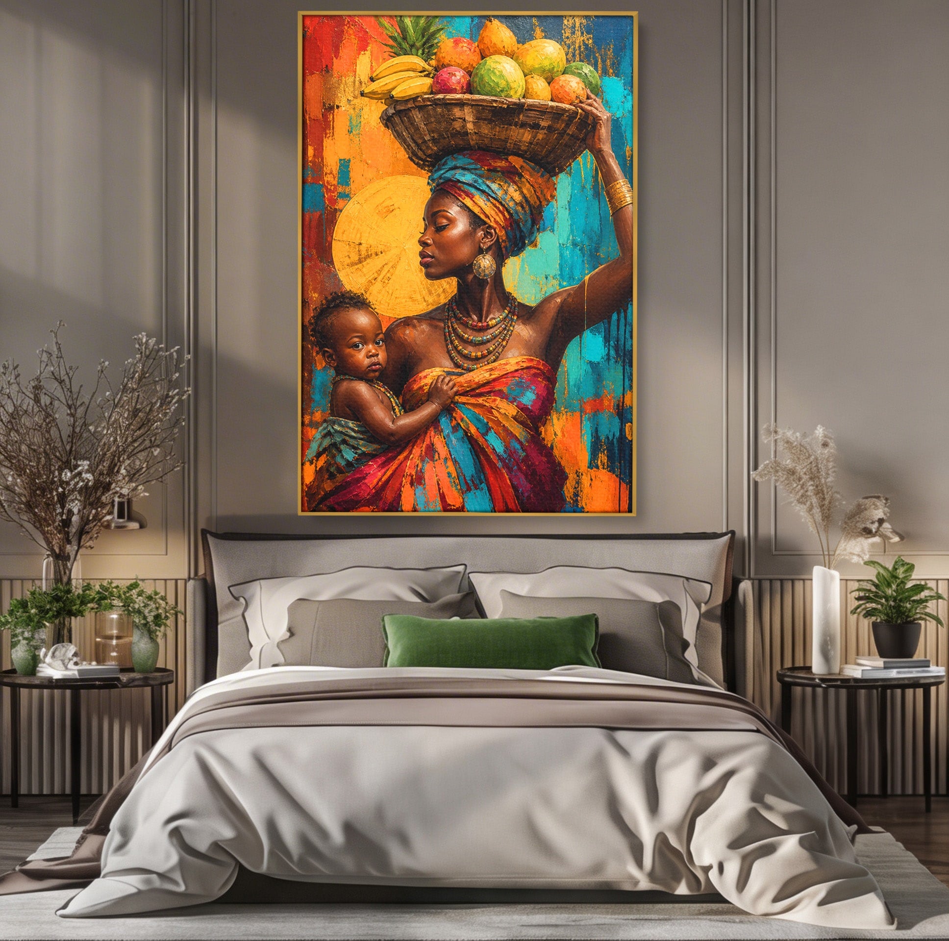 Tablou Canvas Premium LuxCanva® PI1322, Mama Cu Fructe, Cos, Bijuterii, Copil, Traditie, Culori Vibrante, Living, Dormitor