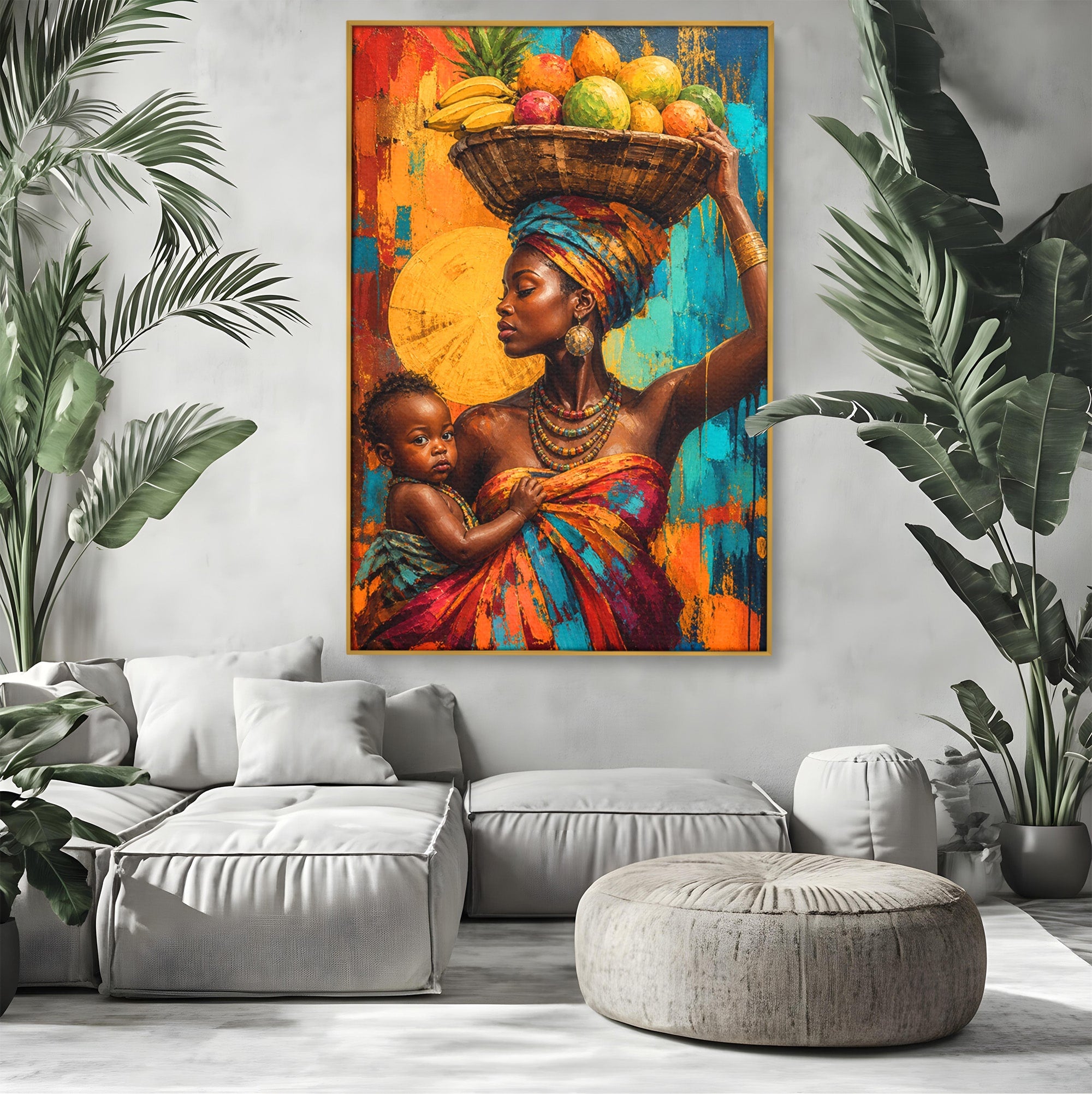 Tablou Canvas Premium LuxCanva® PI1322, Mama Cu Fructe, Cos, Bijuterii, Copil, Traditie, Culori Vibrante, Living, Dormitor