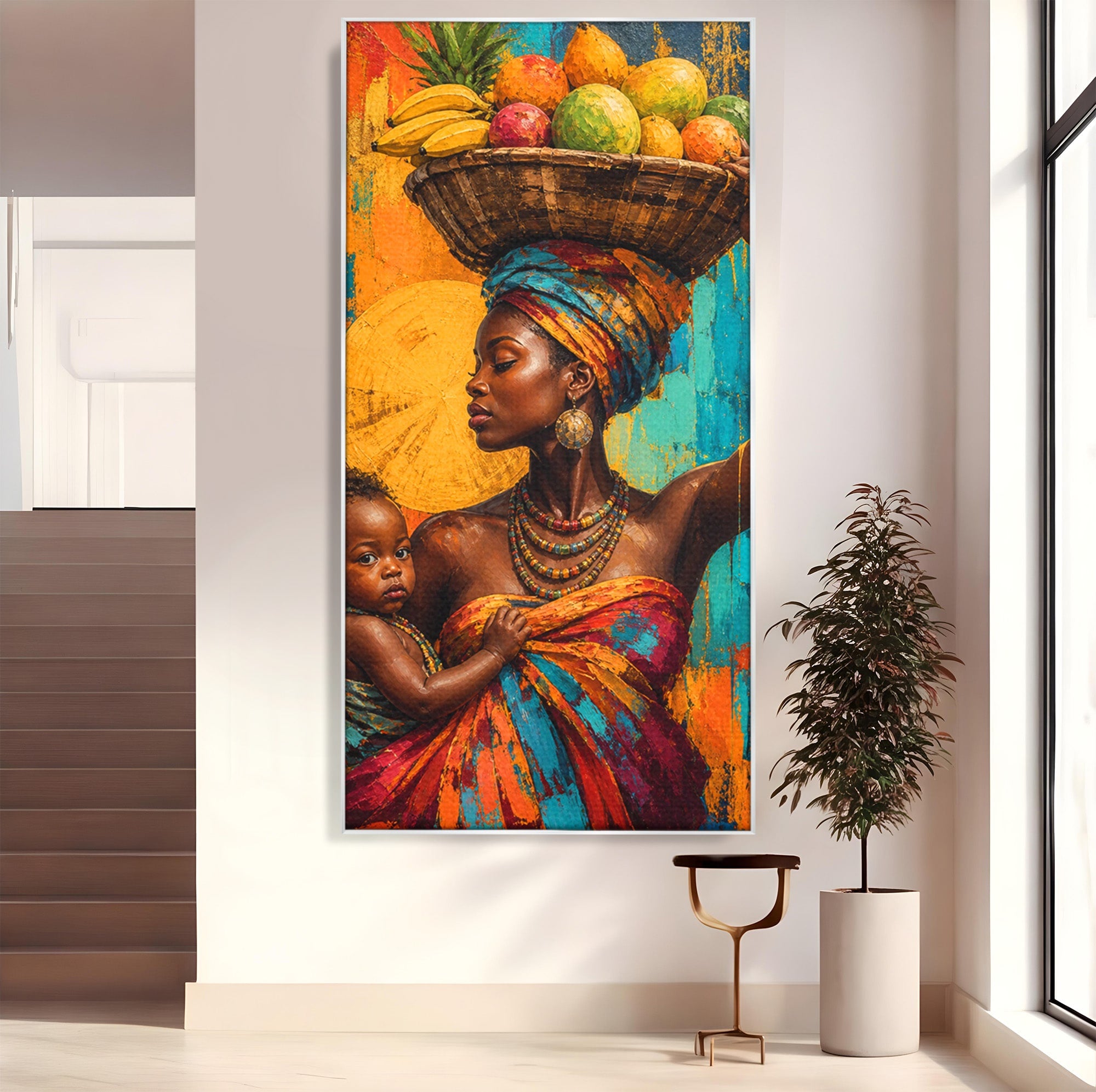 Tablou Canvas Premium LuxCanva® PI1322, Mama Cu Fructe, Cos, Bijuterii, Copil, Traditie, Culori Vibrante, Living, Dormitor