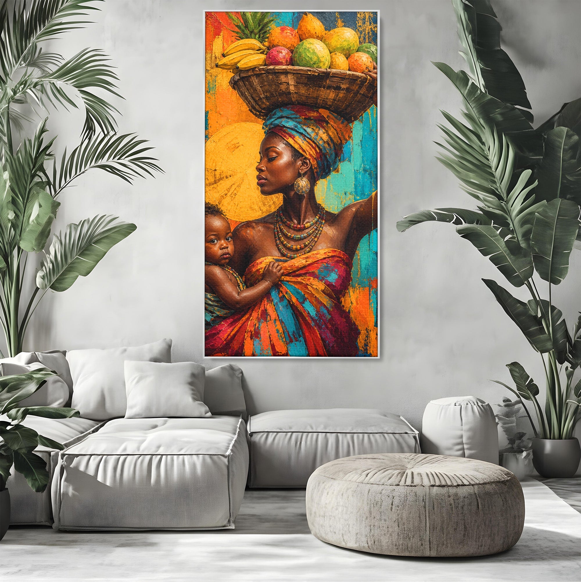 Tablou Canvas Premium LuxCanva® PI1322, Mama Cu Fructe, Cos, Bijuterii, Copil, Traditie, Culori Vibrante, Living, Dormitor