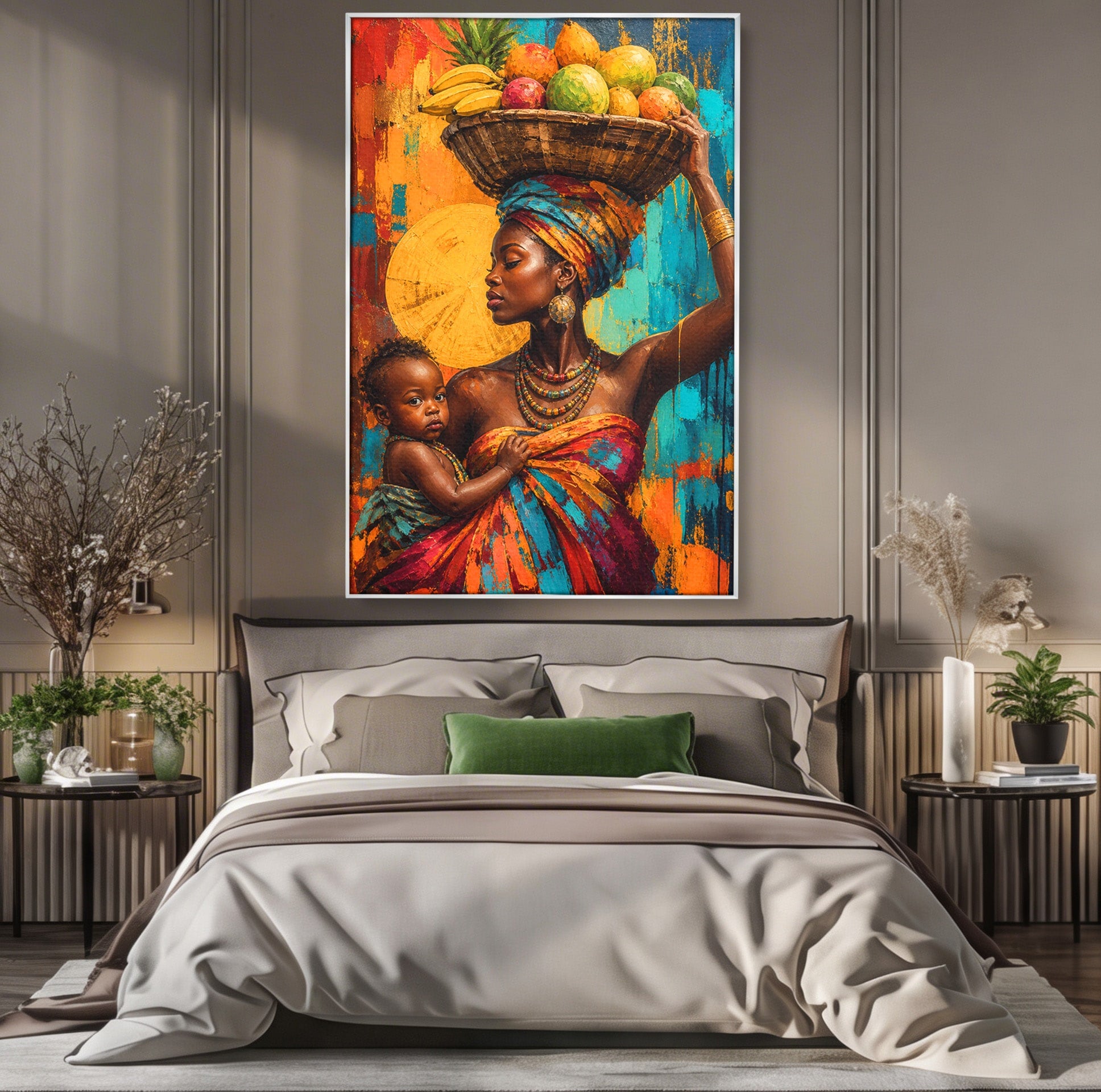 Tablou Canvas Premium LuxCanva® PI1322, Mama Cu Fructe, Cos, Bijuterii, Copil, Traditie, Culori Vibrante, Living, Dormitor