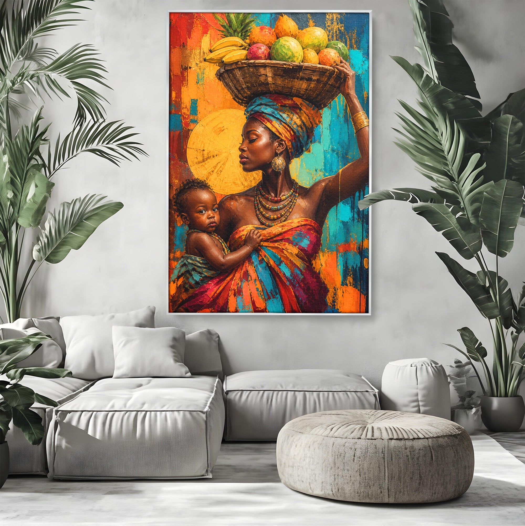 Tablou Canvas Premium LuxCanva® PI1322, Mama Cu Fructe, Cos, Bijuterii, Copil, Traditie, Culori Vibrante, Living, Dormitor
