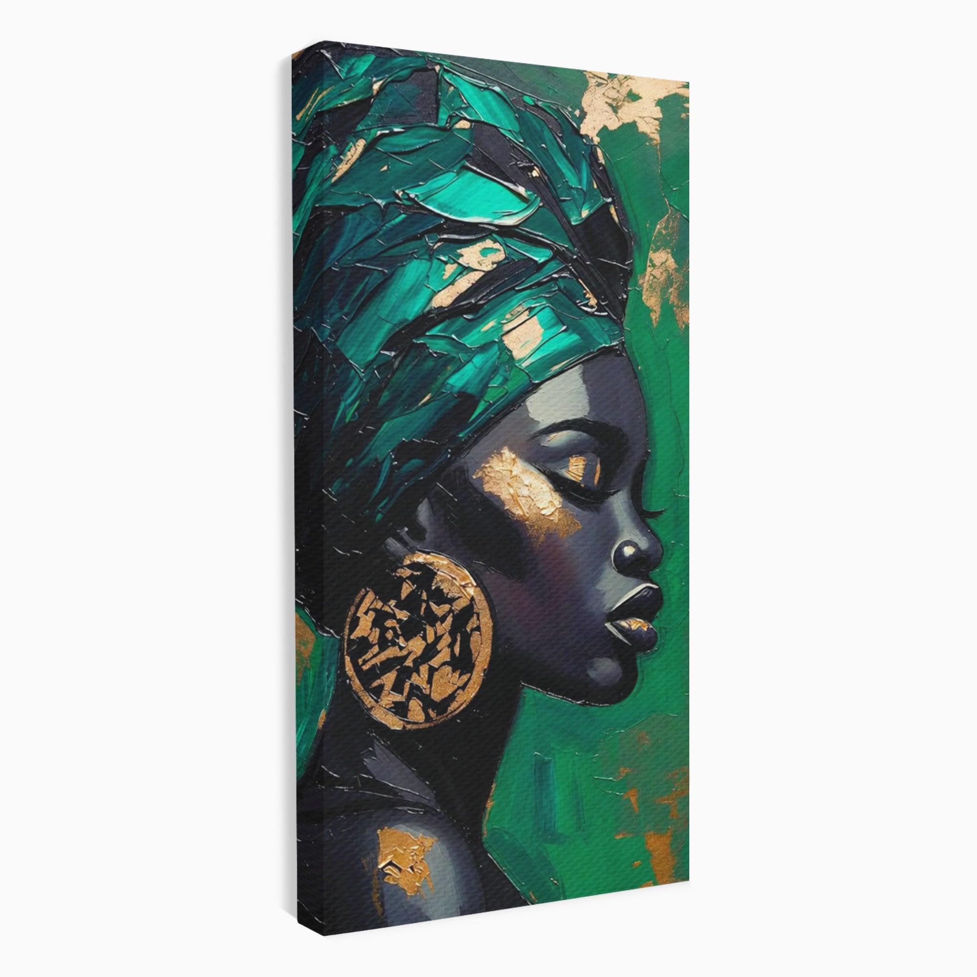 Tablou Canvas Premium LuxCanva® PI1323, Eleganta Verde, Turban, Femeie, African, Cercei, Eleganta, Arta, Culori Vibrante, Living, Dormitor
