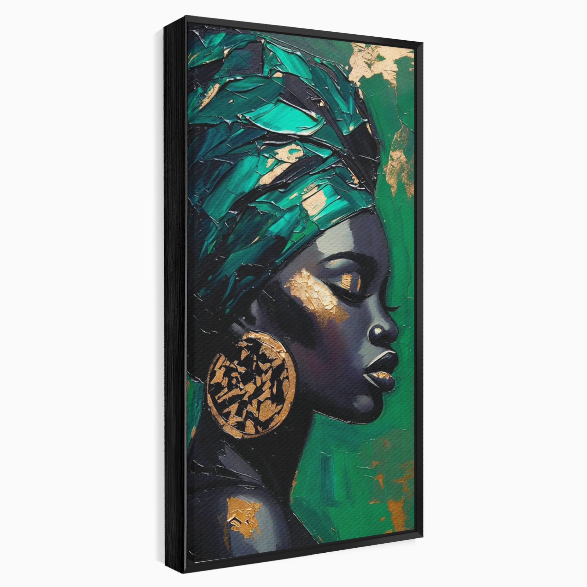 Tablou Canvas Premium LuxCanva® PI1323, Eleganta Verde, Turban, Femeie, African, Cercei, Eleganta, Arta, Culori Vibrante, Living, Dormitor
