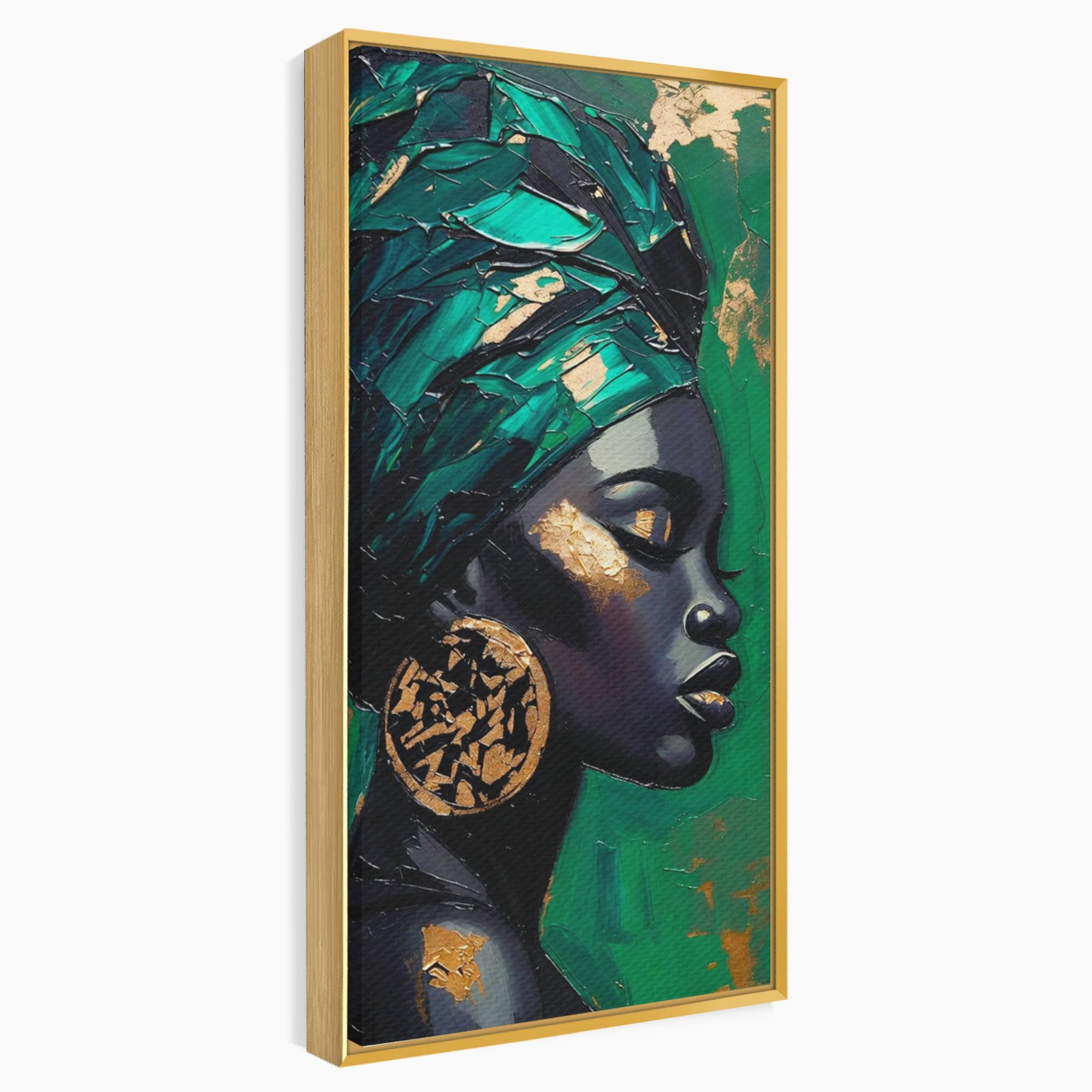 Tablou Canvas Premium LuxCanva® PI1323, Eleganta Verde, Turban, Femeie, African, Cercei, Eleganta, Arta, Culori Vibrante, Living, Dormitor