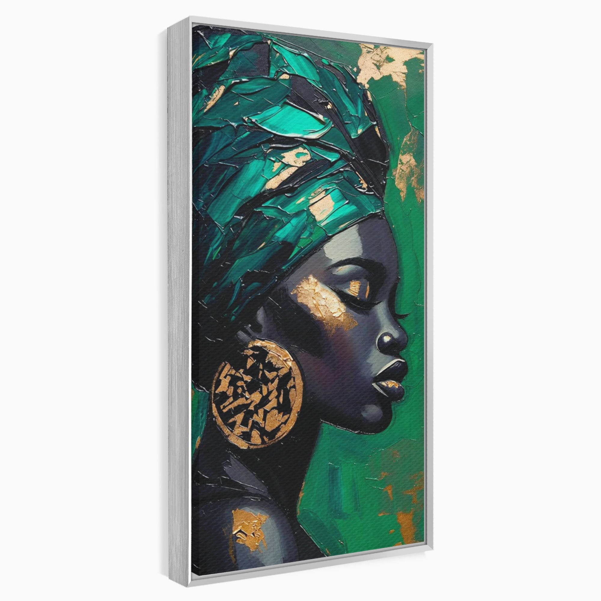 Tablou Canvas Premium LuxCanva® PI1323, Eleganta Verde, Turban, Femeie, African, Cercei, Eleganta, Arta, Culori Vibrante, Living, Dormitor