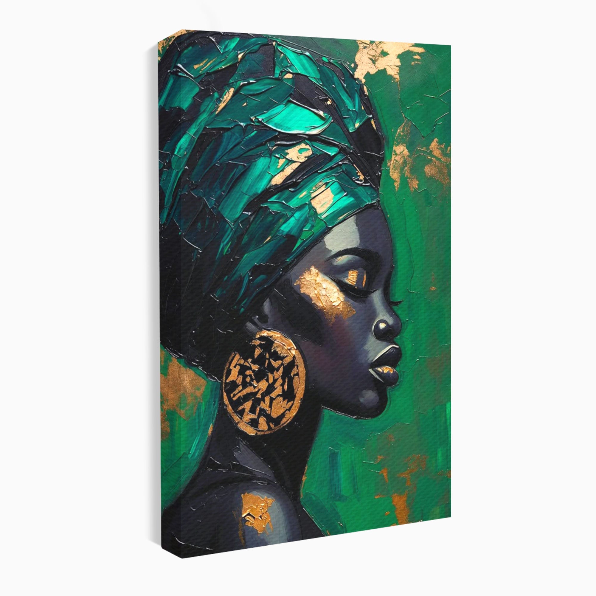 Tablou Canvas Premium LuxCanva® PI1323, Eleganta Verde, Turban, Femeie, African, Cercei, Eleganta, Arta, Culori Vibrante, Living, Dormitor