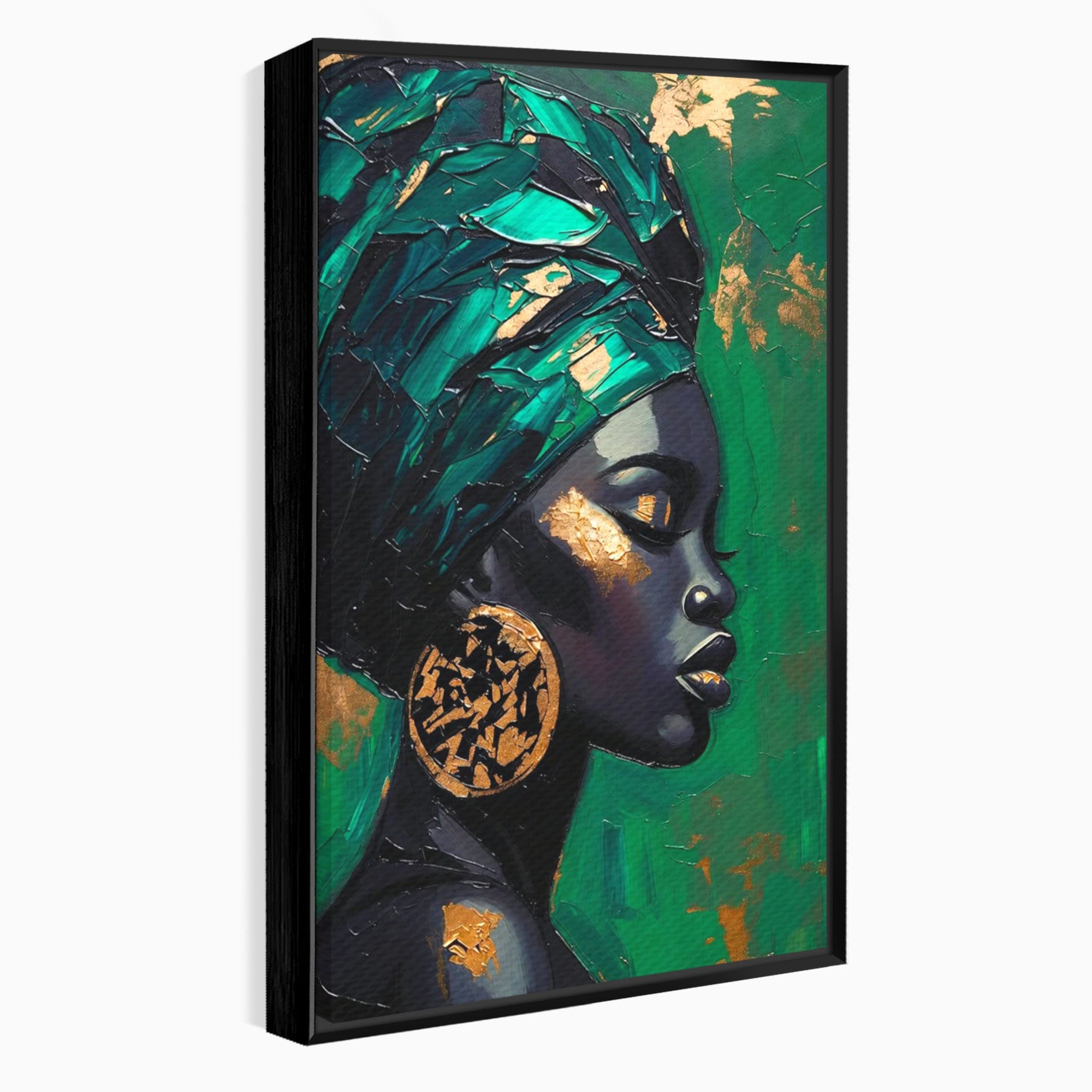 Tablou Canvas Premium LuxCanva® PI1323, Eleganta Verde, Turban, Femeie, African, Cercei, Eleganta, Arta, Culori Vibrante, Living, Dormitor