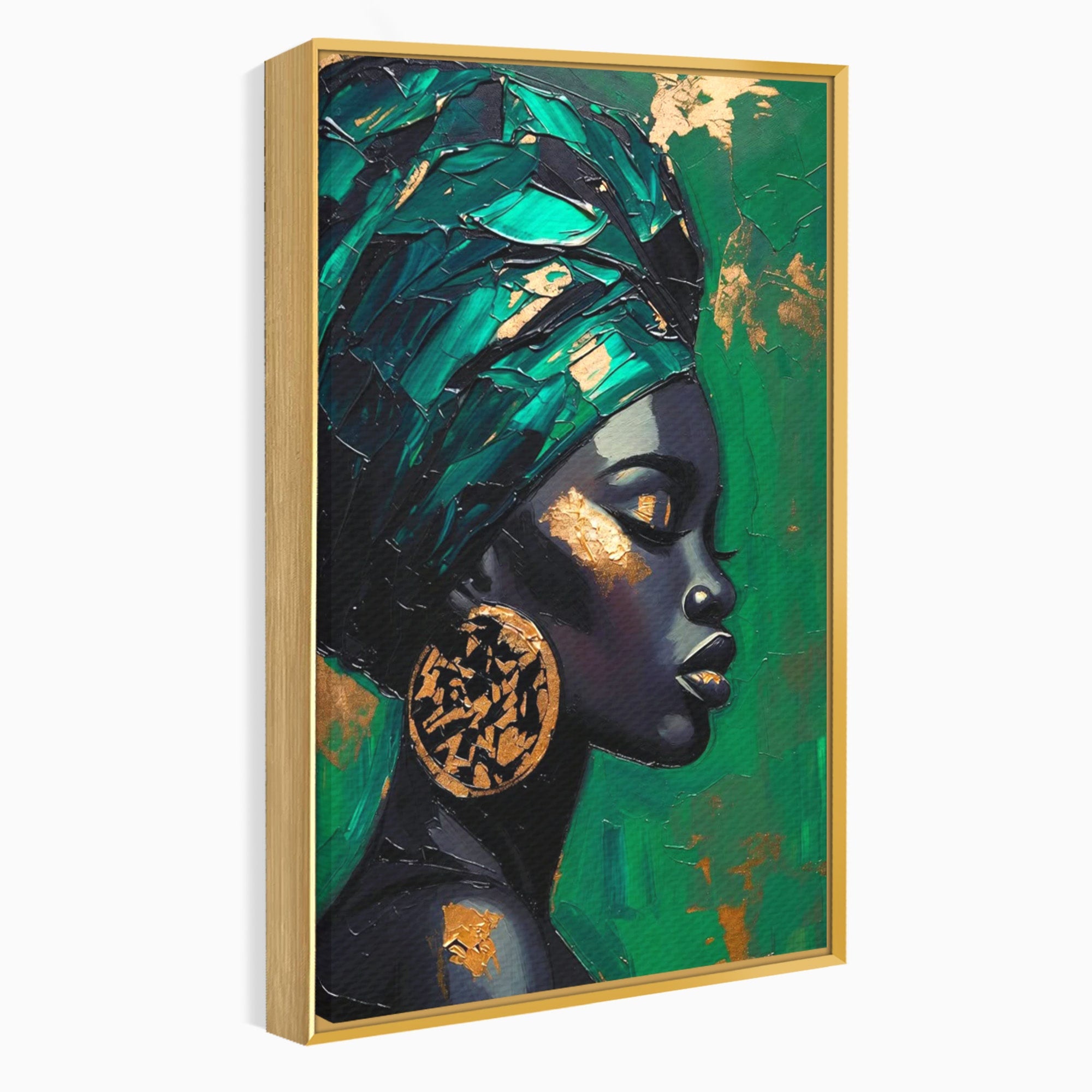 Tablou Canvas Premium LuxCanva® PI1323, Eleganta Verde, Turban, Femeie, African, Cercei, Eleganta, Arta, Culori Vibrante, Living, Dormitor