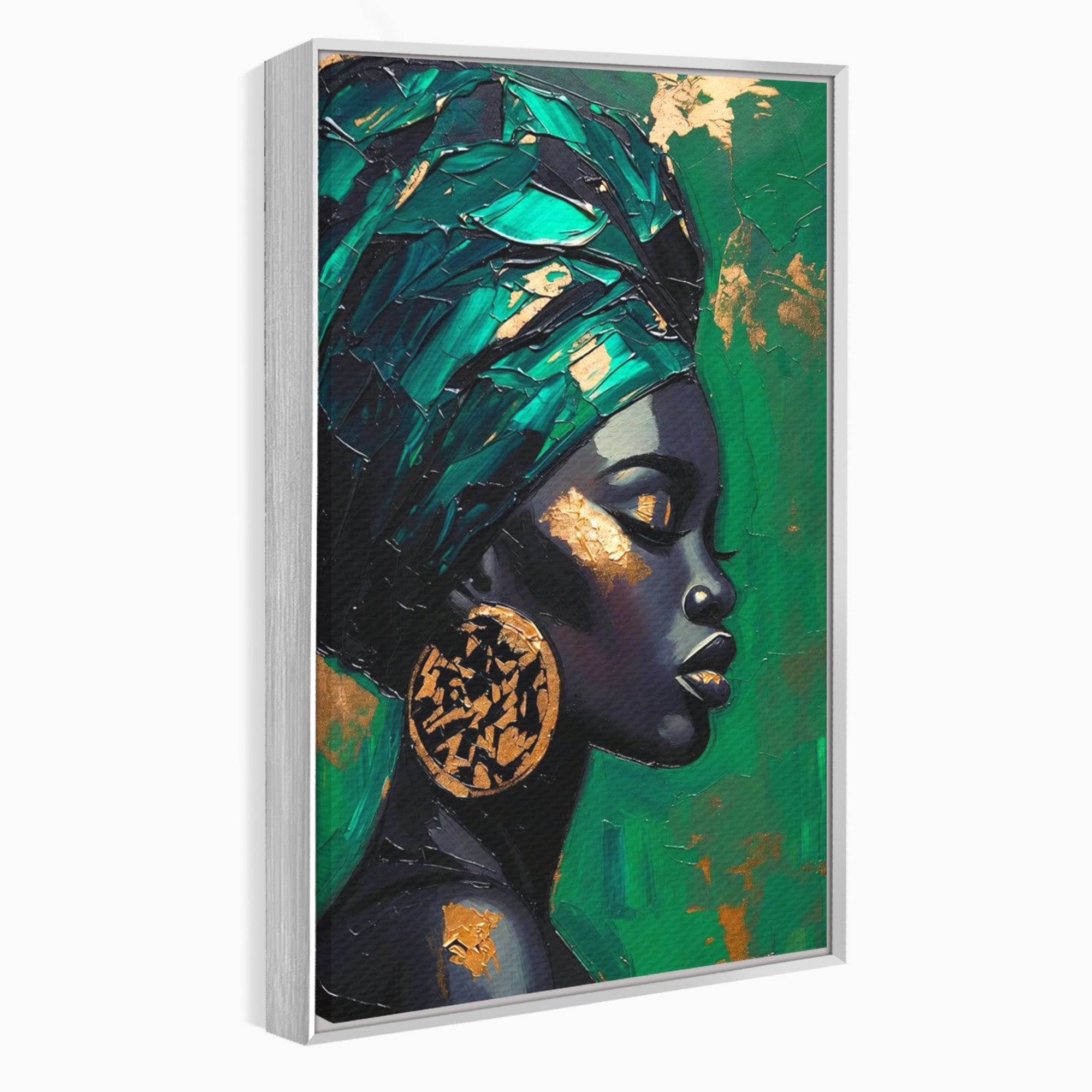 Tablou Canvas Premium LuxCanva® PI1323, Eleganta Verde, Turban, Femeie, African, Cercei, Eleganta, Arta, Culori Vibrante, Living, Dormitor