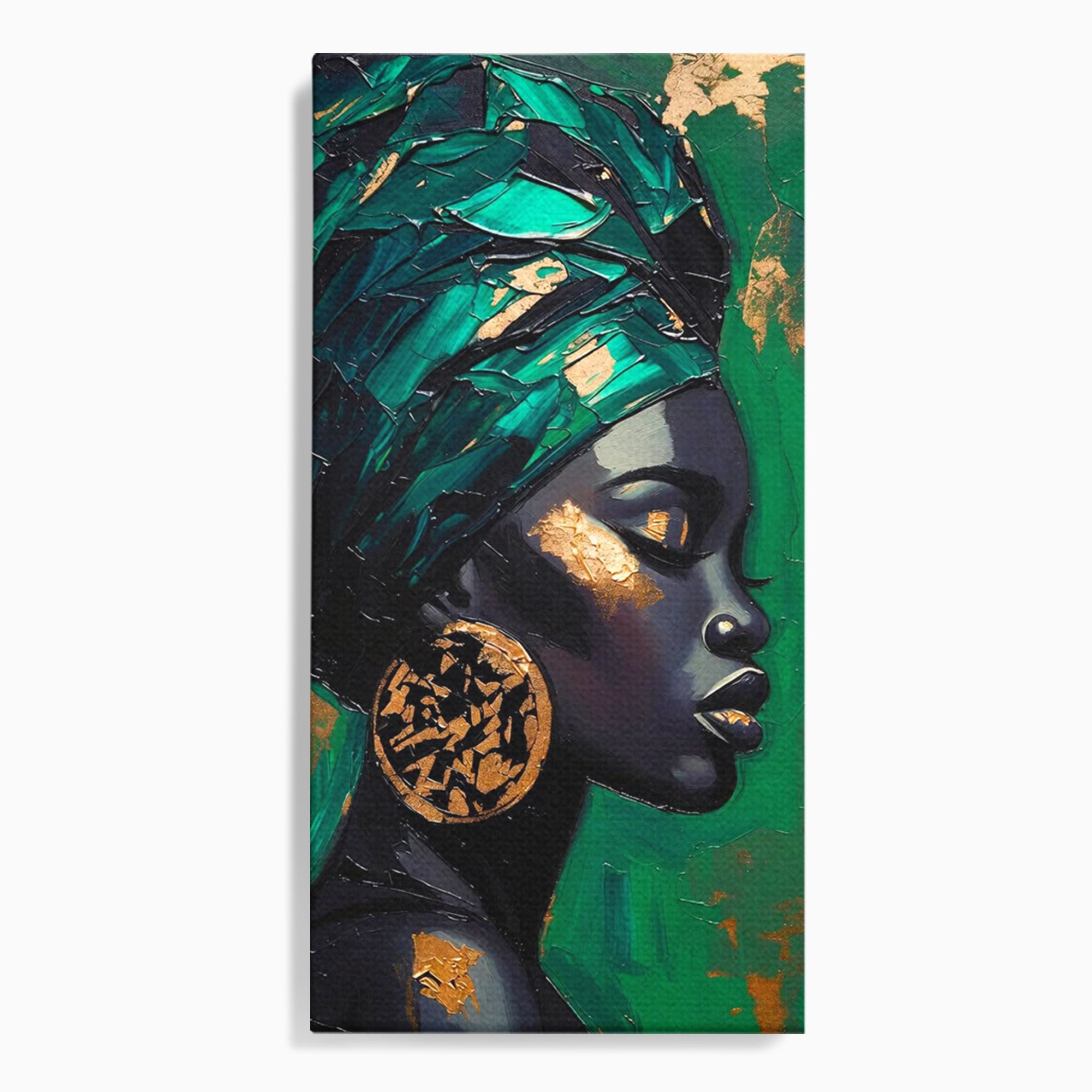 Tablou Canvas Premium LuxCanva® PI1323, Eleganta Verde, Turban, Femeie, African, Cercei, Eleganta, Arta, Culori Vibrante, Living, Dormitor