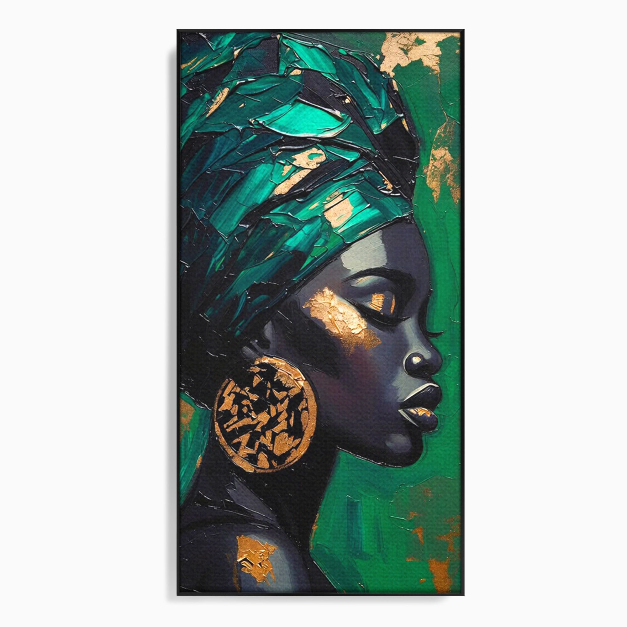 Tablou Canvas Premium LuxCanva® PI1323, Eleganta Verde, Turban, Femeie, African, Cercei, Eleganta, Arta, Culori Vibrante, Living, Dormitor
