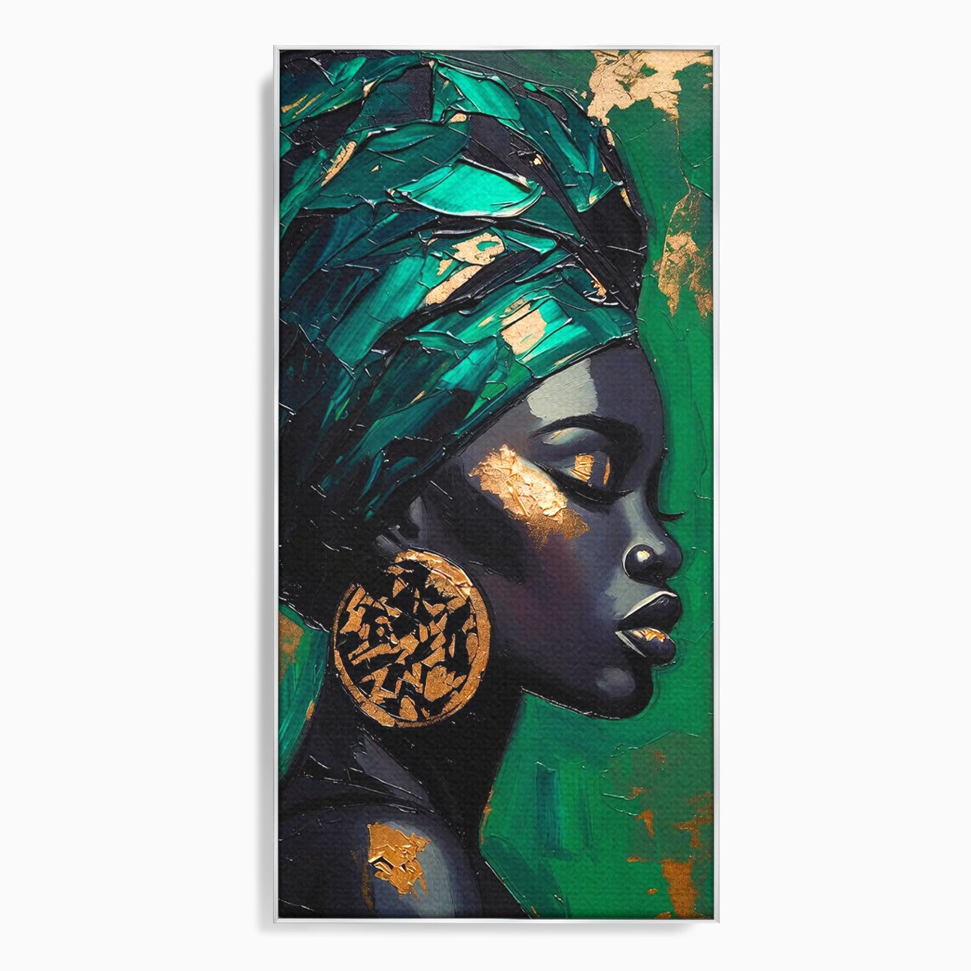 Tablou Canvas Premium LuxCanva® PI1323, Eleganta Verde, Turban, Femeie, African, Cercei, Eleganta, Arta, Culori Vibrante, Living, Dormitor