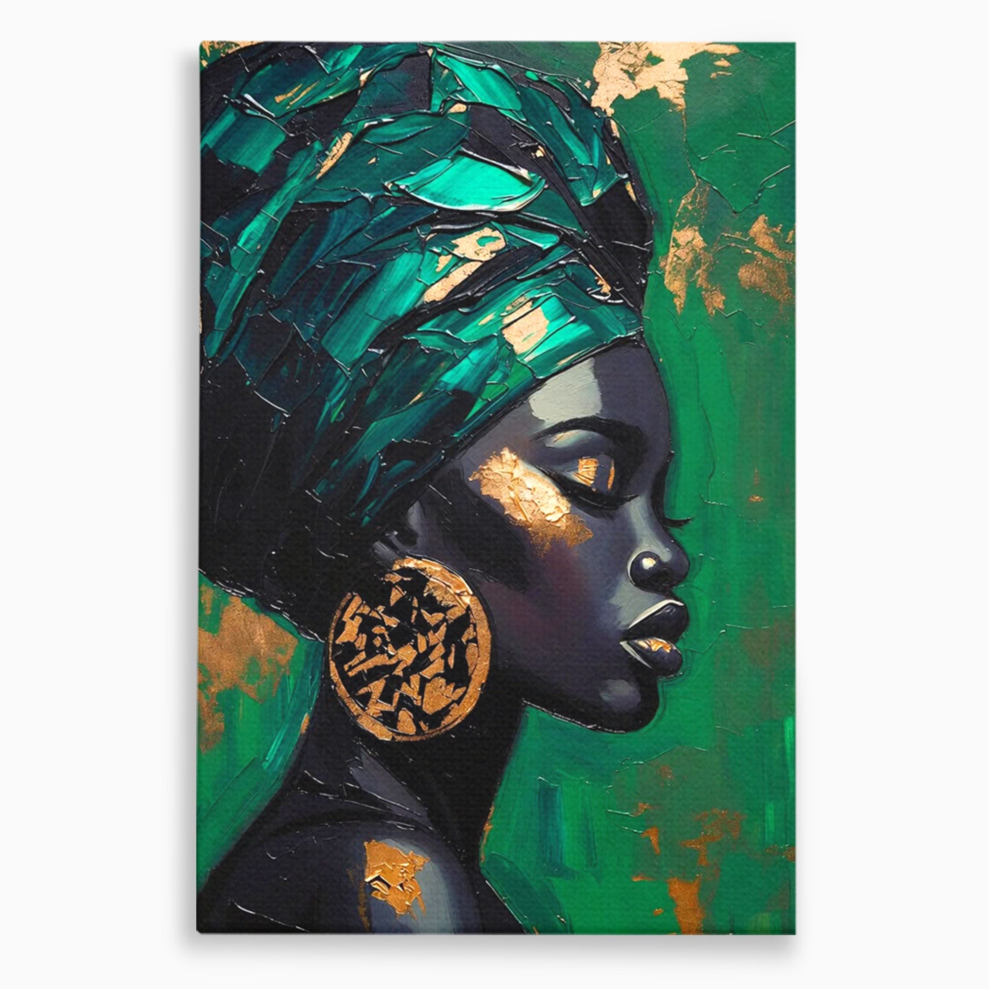 Tablou Canvas Premium LuxCanva® PI1323, Eleganta Verde, Turban, Femeie, African, Cercei, Eleganta, Arta, Culori Vibrante, Living, Dormitor