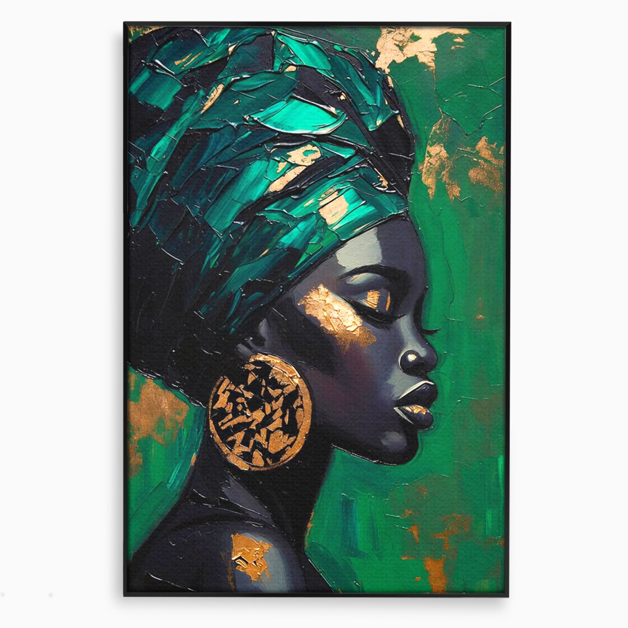 Tablou Canvas Premium LuxCanva® PI1323, Eleganta Verde, Turban, Femeie, African, Cercei, Eleganta, Arta, Culori Vibrante, Living, Dormitor