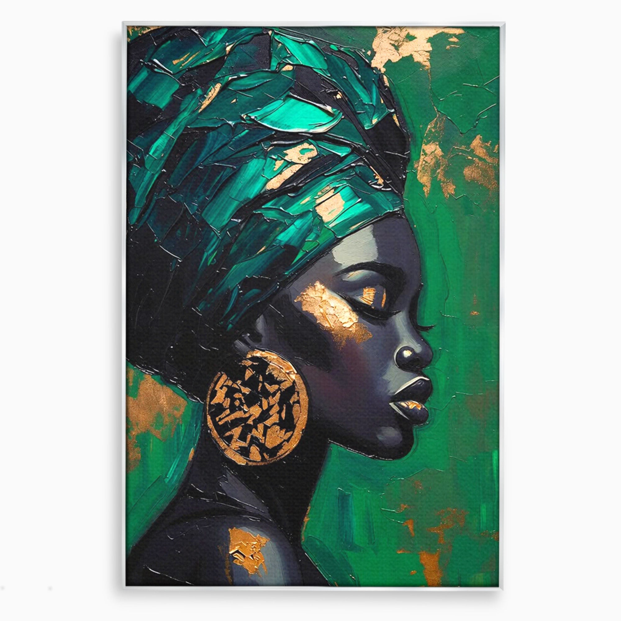 Tablou Canvas Premium LuxCanva® PI1323, Eleganta Verde, Turban, Femeie, African, Cercei, Eleganta, Arta, Culori Vibrante, Living, Dormitor