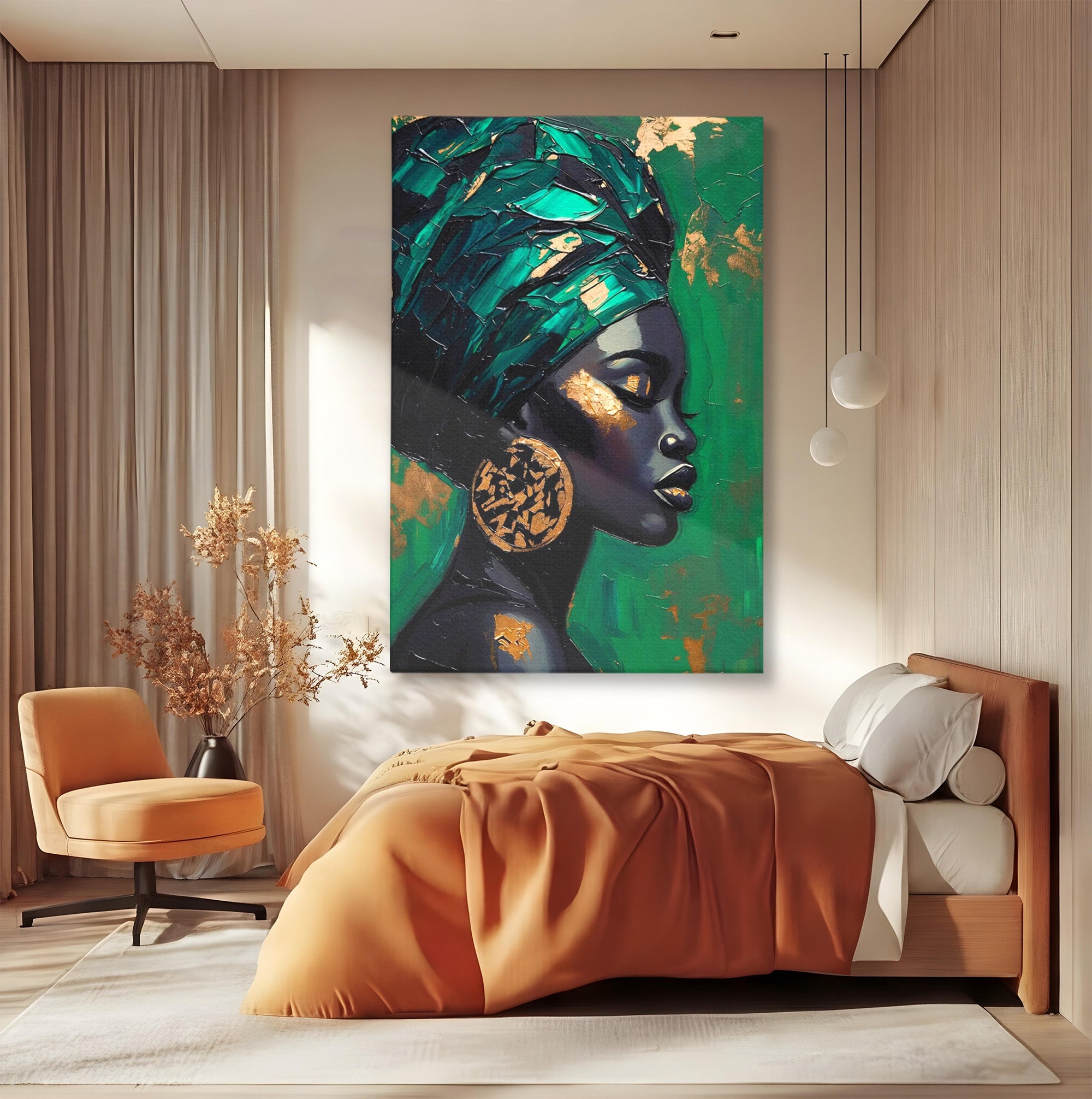 Tablou Canvas Premium LuxCanva® PI1323, Eleganta Verde, Turban, Femeie, African, Cercei, Eleganta, Arta, Culori Vibrante, Living, Dormitor