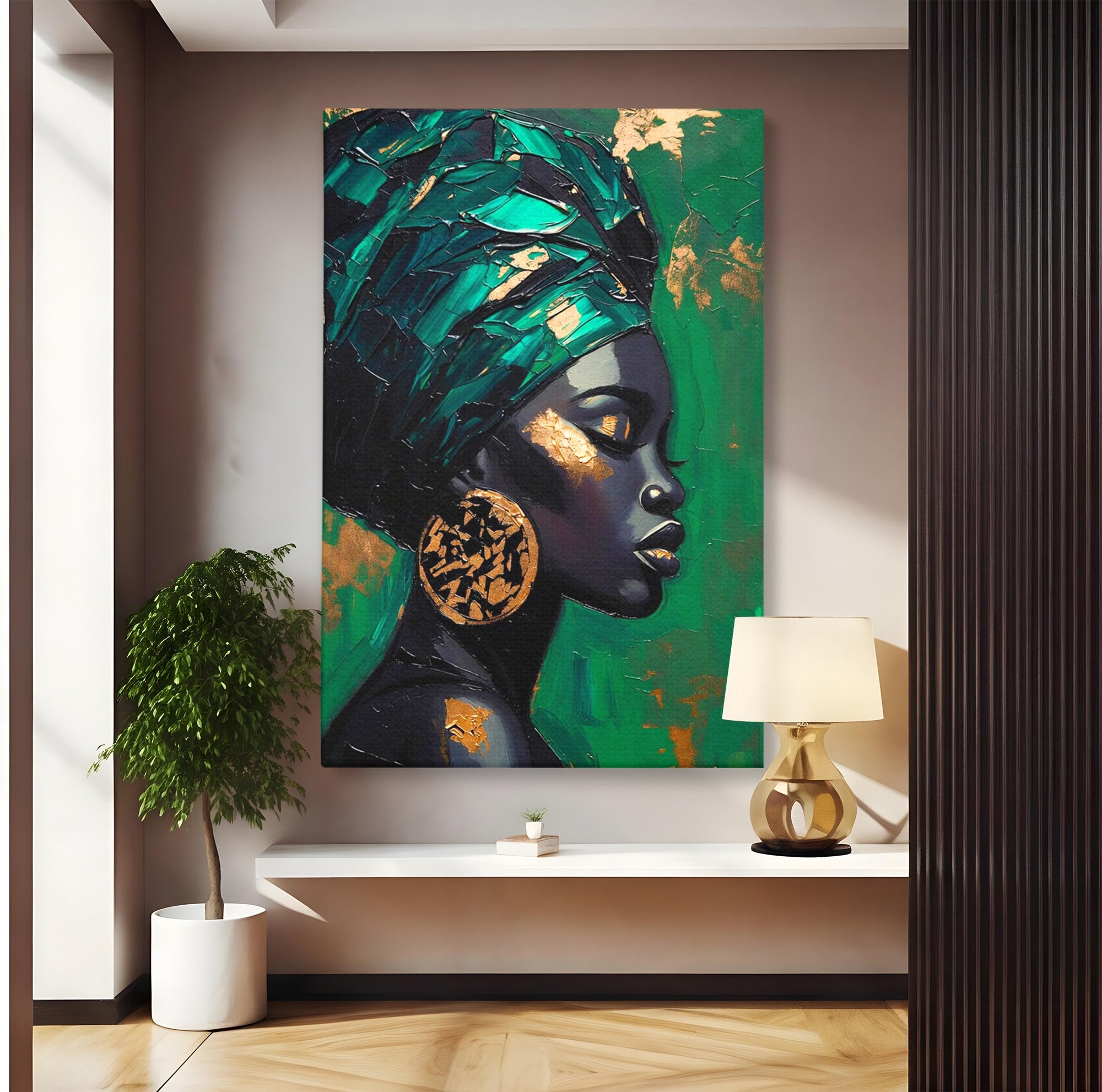 Tablou Canvas Premium LuxCanva® PI1323, Eleganta Verde, Turban, Femeie, African, Cercei, Eleganta, Arta, Culori Vibrante, Living, Dormitor