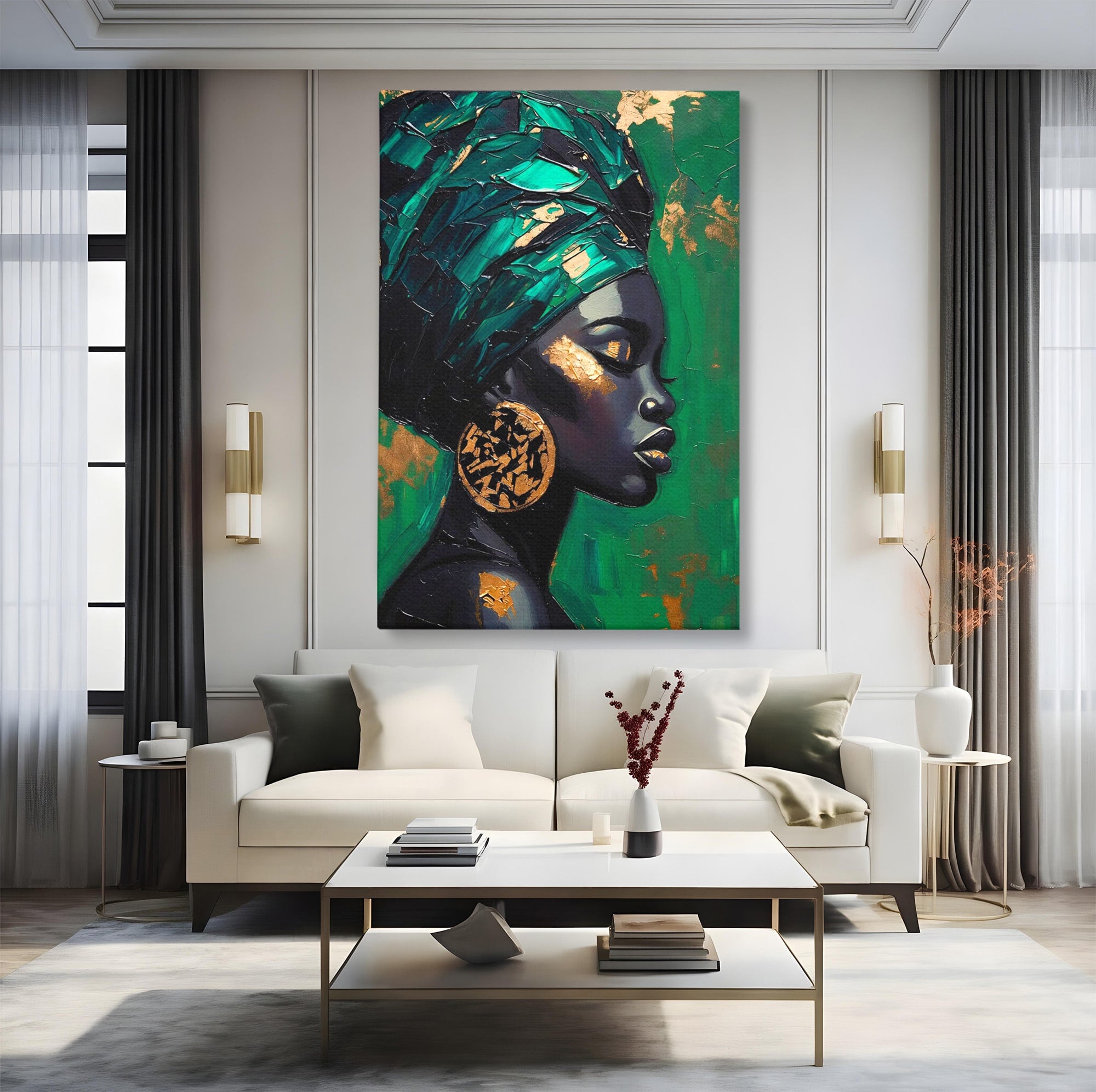 Tablou Canvas Premium LuxCanva® PI1323, Eleganta Verde, Turban, Femeie, African, Cercei, Eleganta, Arta, Culori Vibrante, Living, Dormitor