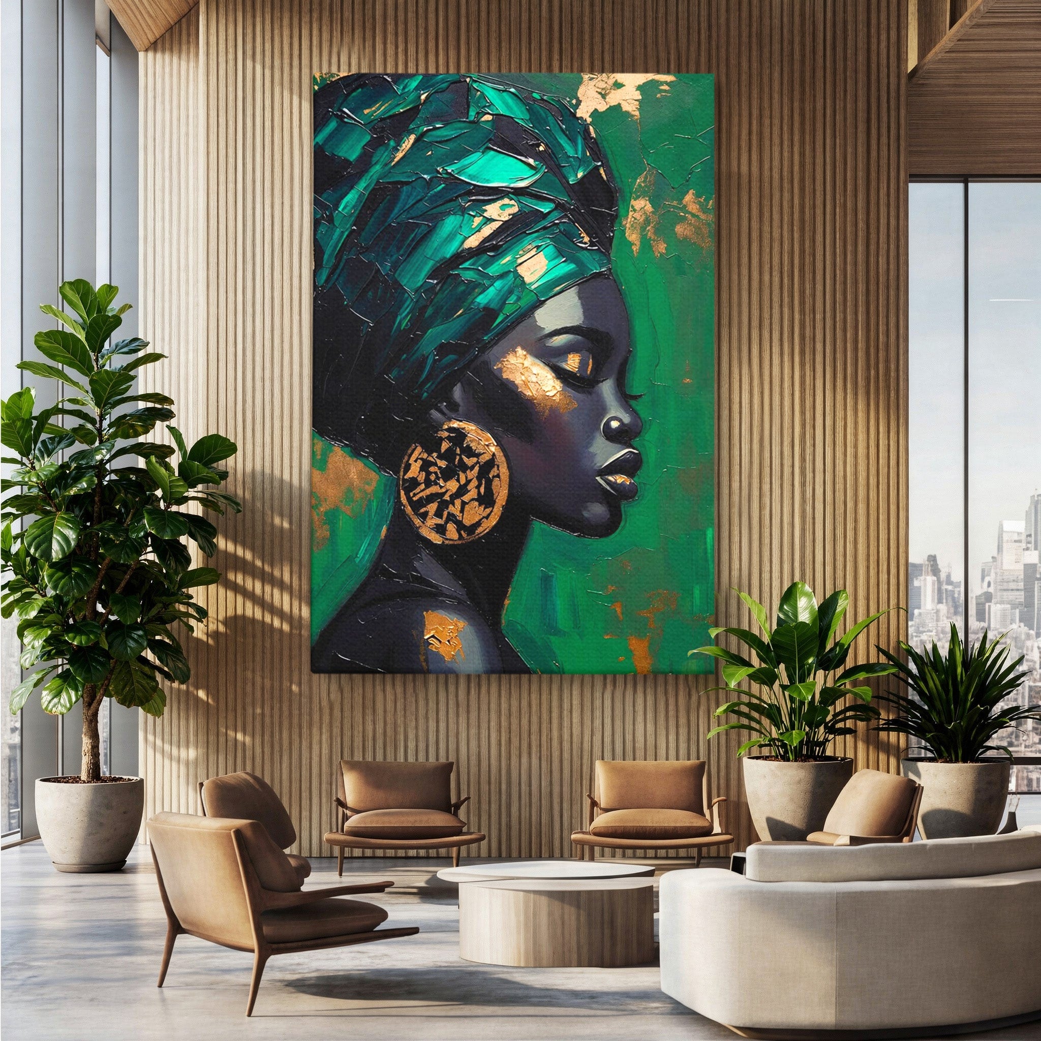 Tablou Canvas Premium LuxCanva® PI1323, Eleganta Verde, Turban, Femeie, African, Cercei, Eleganta, Arta, Culori Vibrante, Living, Dormitor
