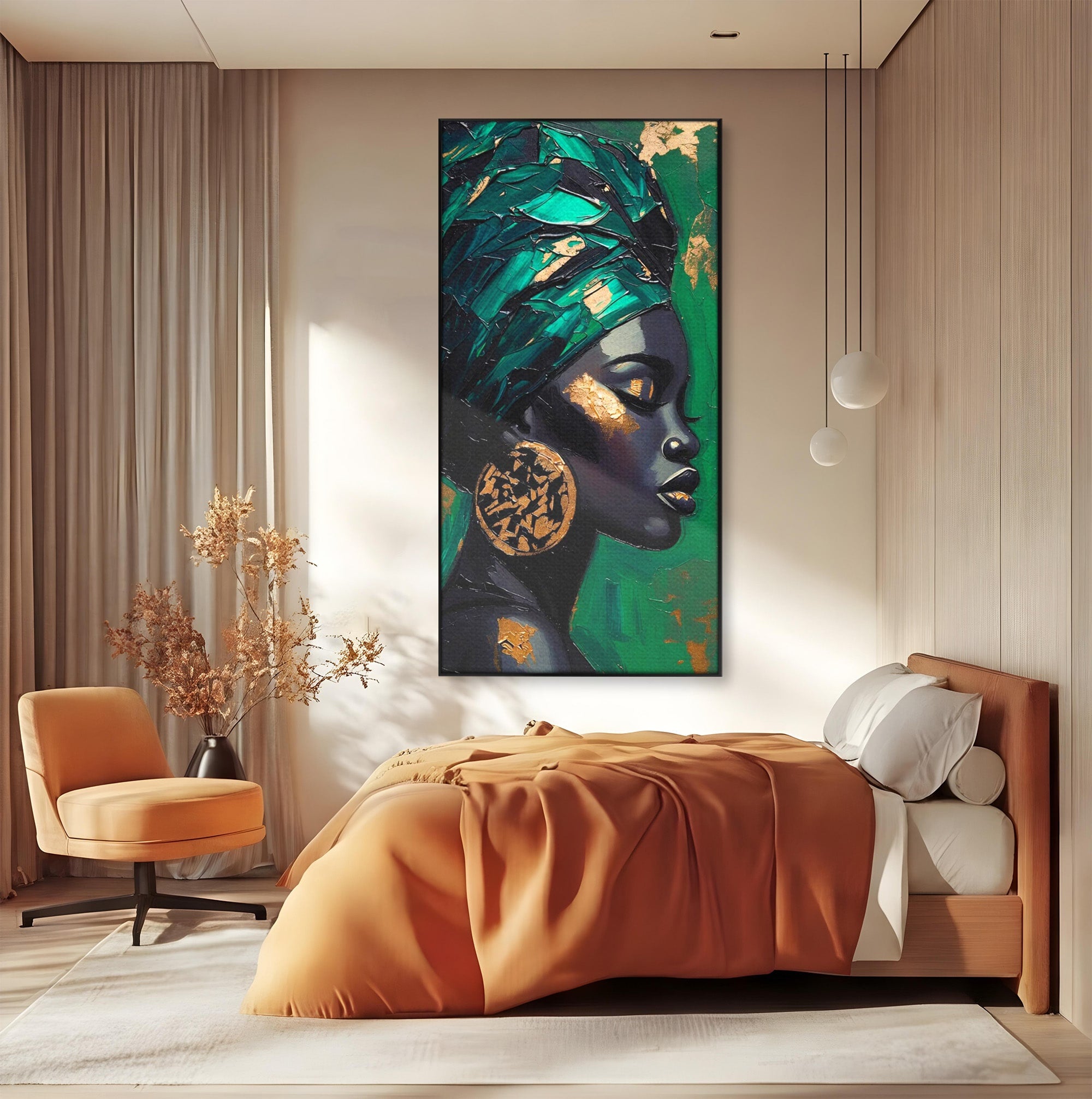 Tablou Canvas Premium LuxCanva® PI1323, Eleganta Verde, Turban, Femeie, African, Cercei, Eleganta, Arta, Culori Vibrante, Living, Dormitor
